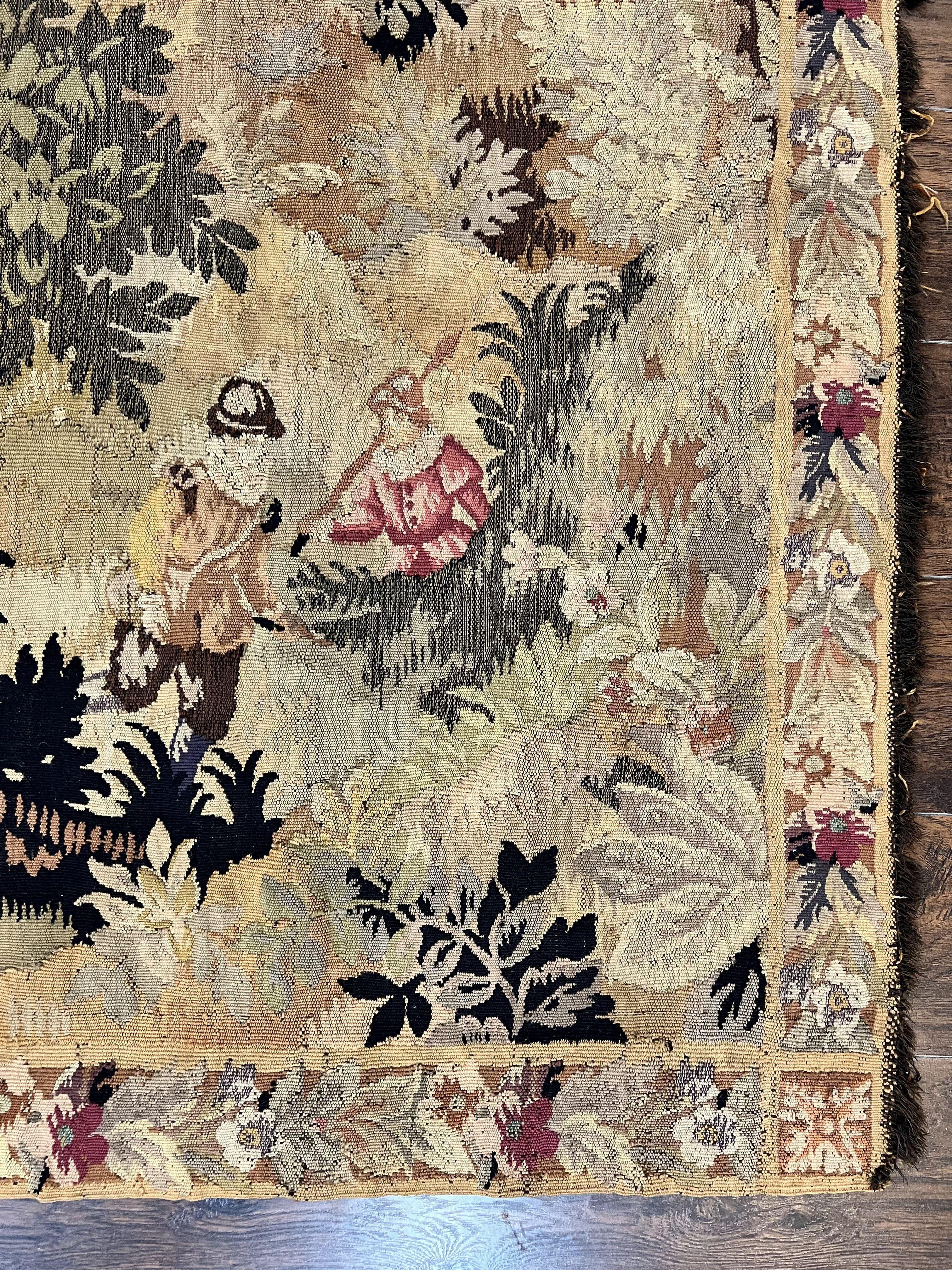 Antique French Tapestry 6x5 ft, European Handmade Wool Aubusson Weave Vintage Tapestry - Jewel Rugs