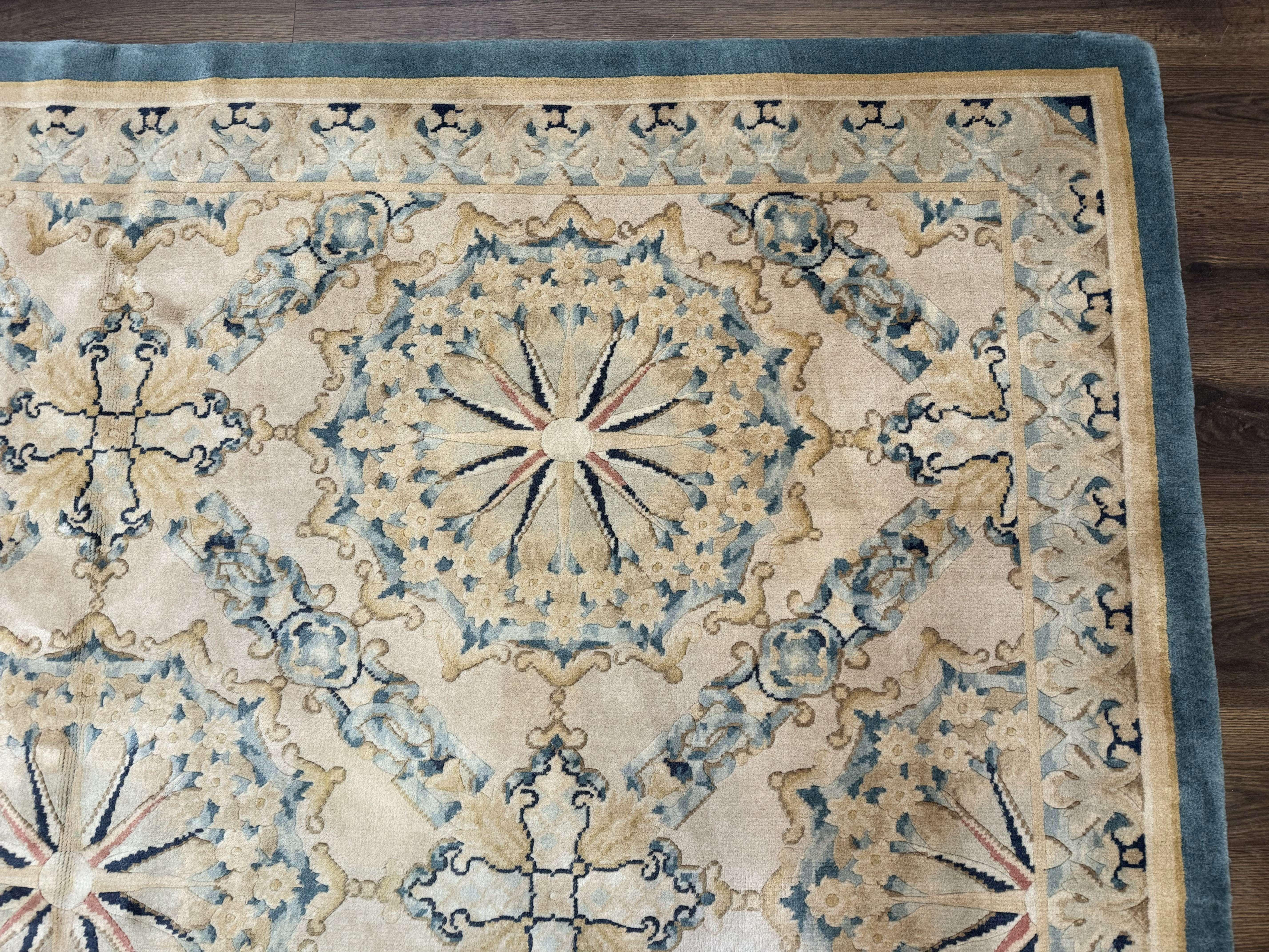 Aubusson Rug 8x10, French European Design, Soft Thick Wool Pile, Off White and Light Blue, Carving Sculpted Rug - Jewel Rugs