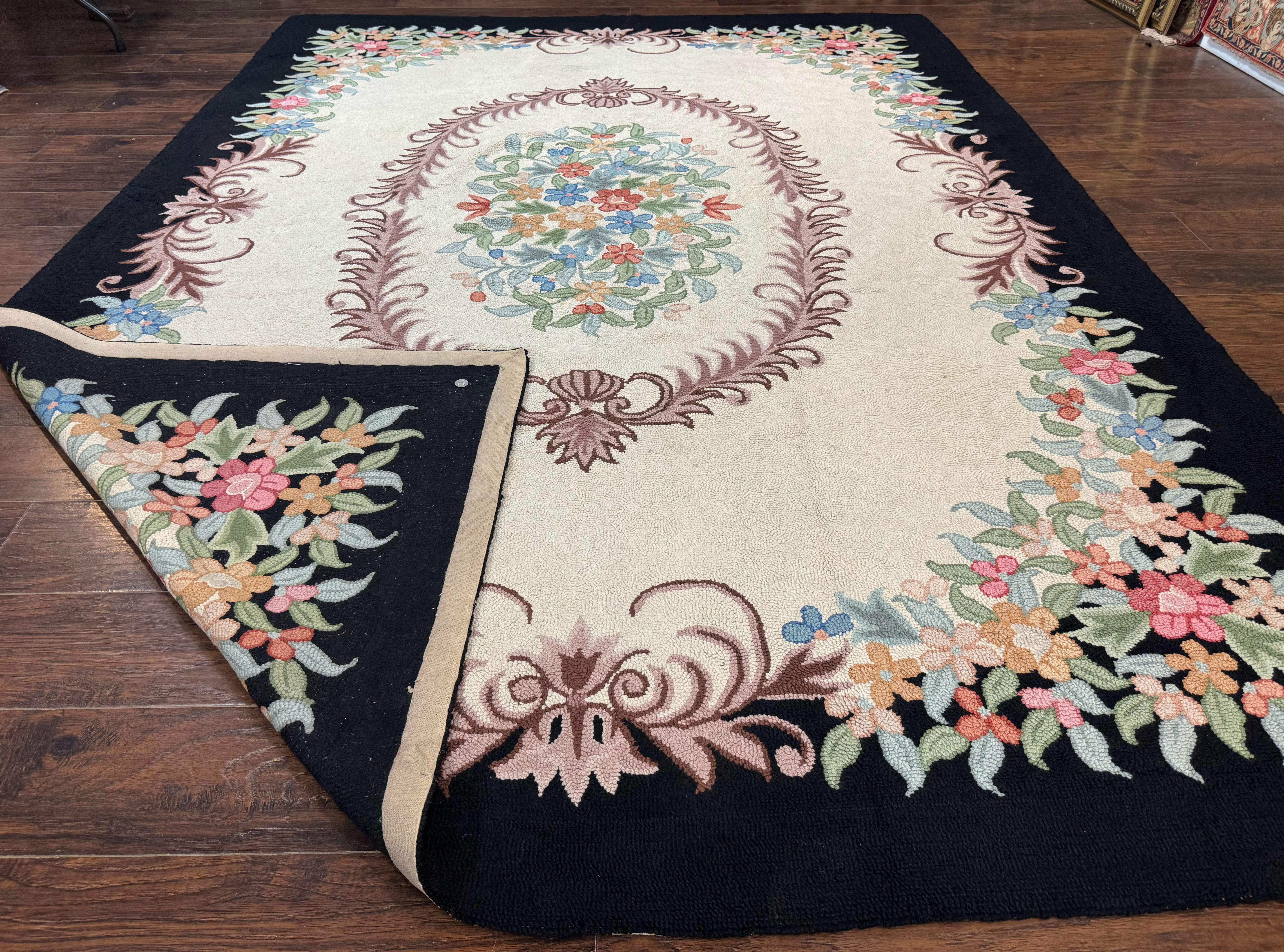 Large American Hooked Rug 8x11, Vintage Ivory Black Floral Carpet - Jewel Rugs