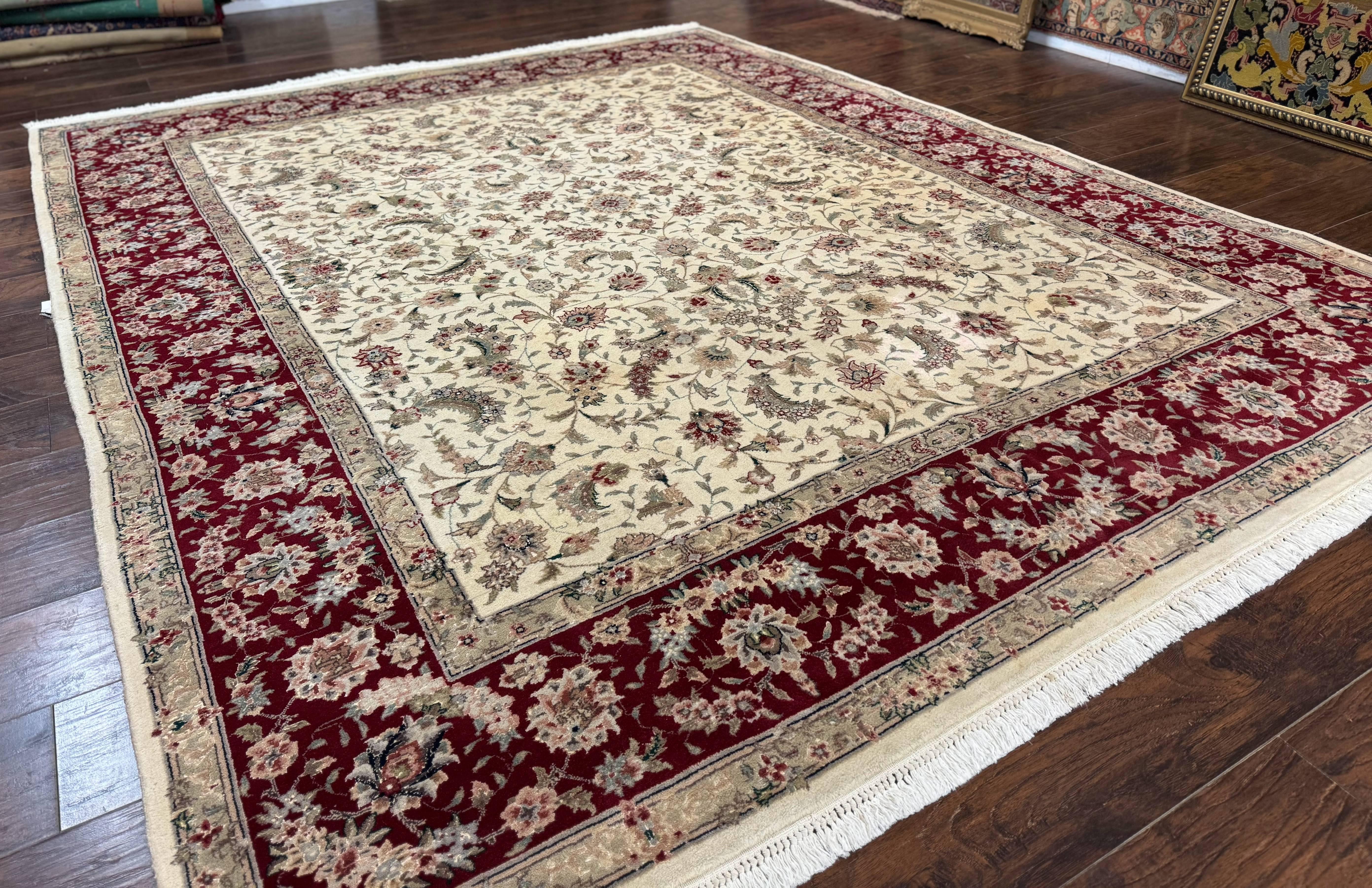 Sino Persian Rug 8x10, Beige and Burgundy, Floral Allover, Wool & Silk, Vintage - Jewel Rugs