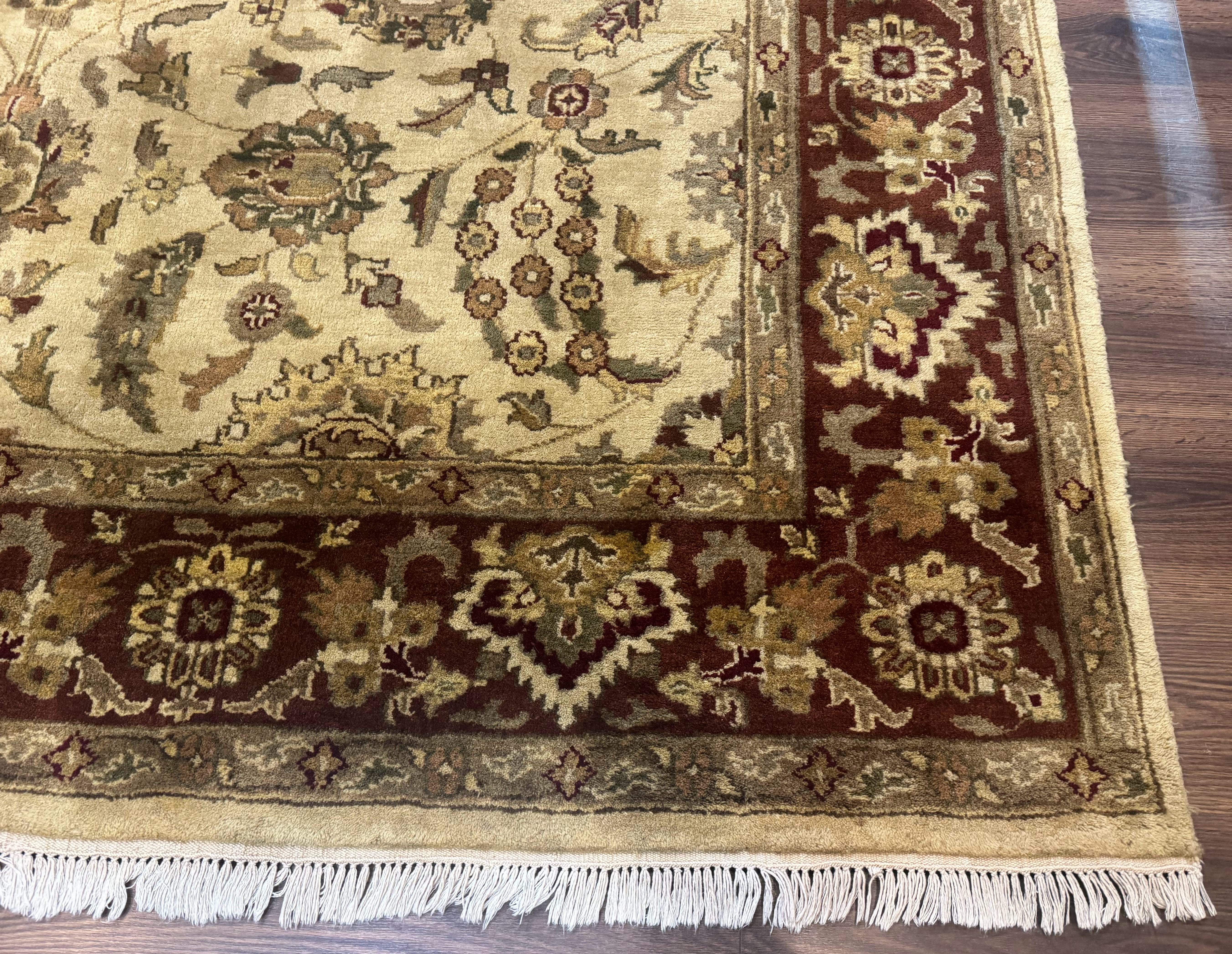 Indo Persian Mahal Rug 8x10 – Beige and Maroon, Hand-Knotted Wool Carpet - Jewel Rugs