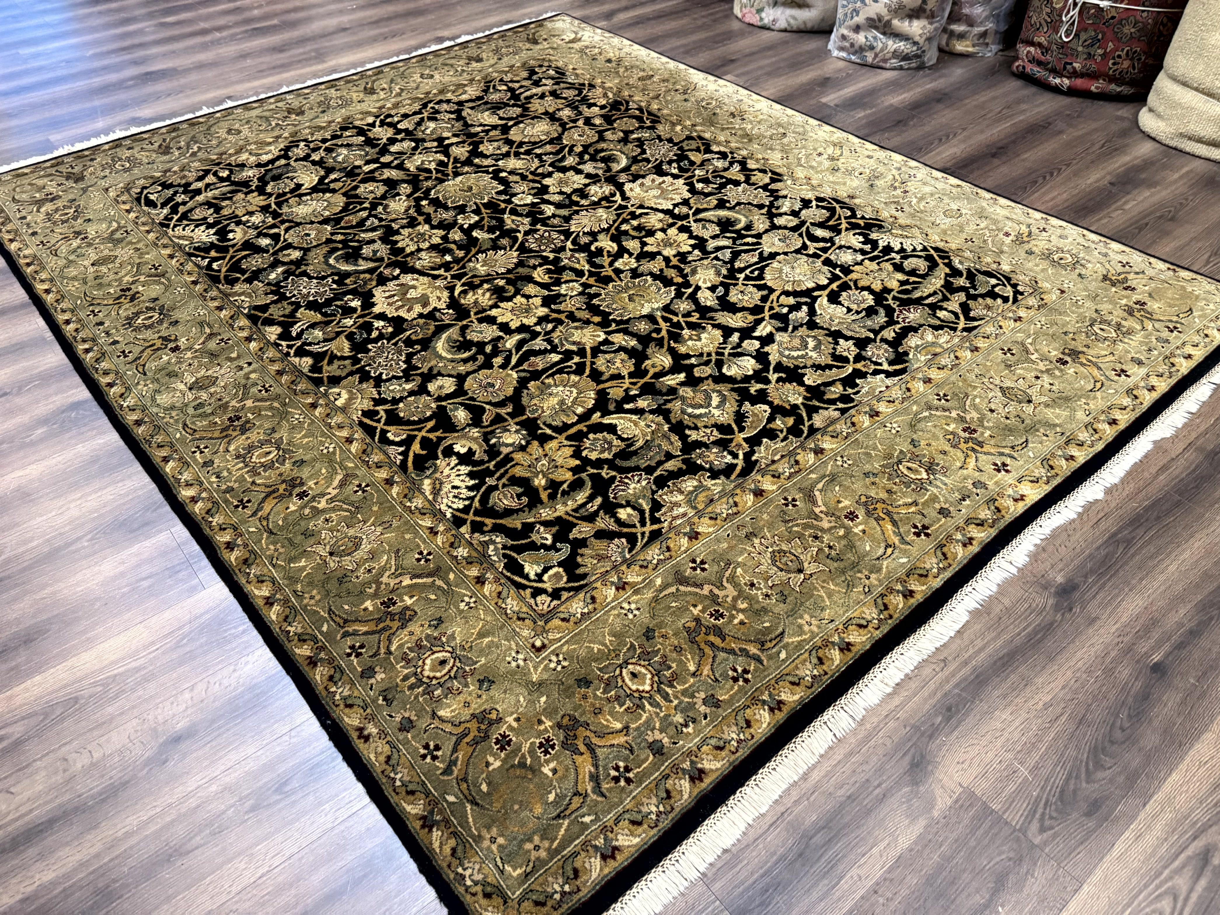 Indo Persian Rug 8x10, Black and Green, Wool, Handmade, Traditional, Floral Allover, Vintage - Jewel Rugs