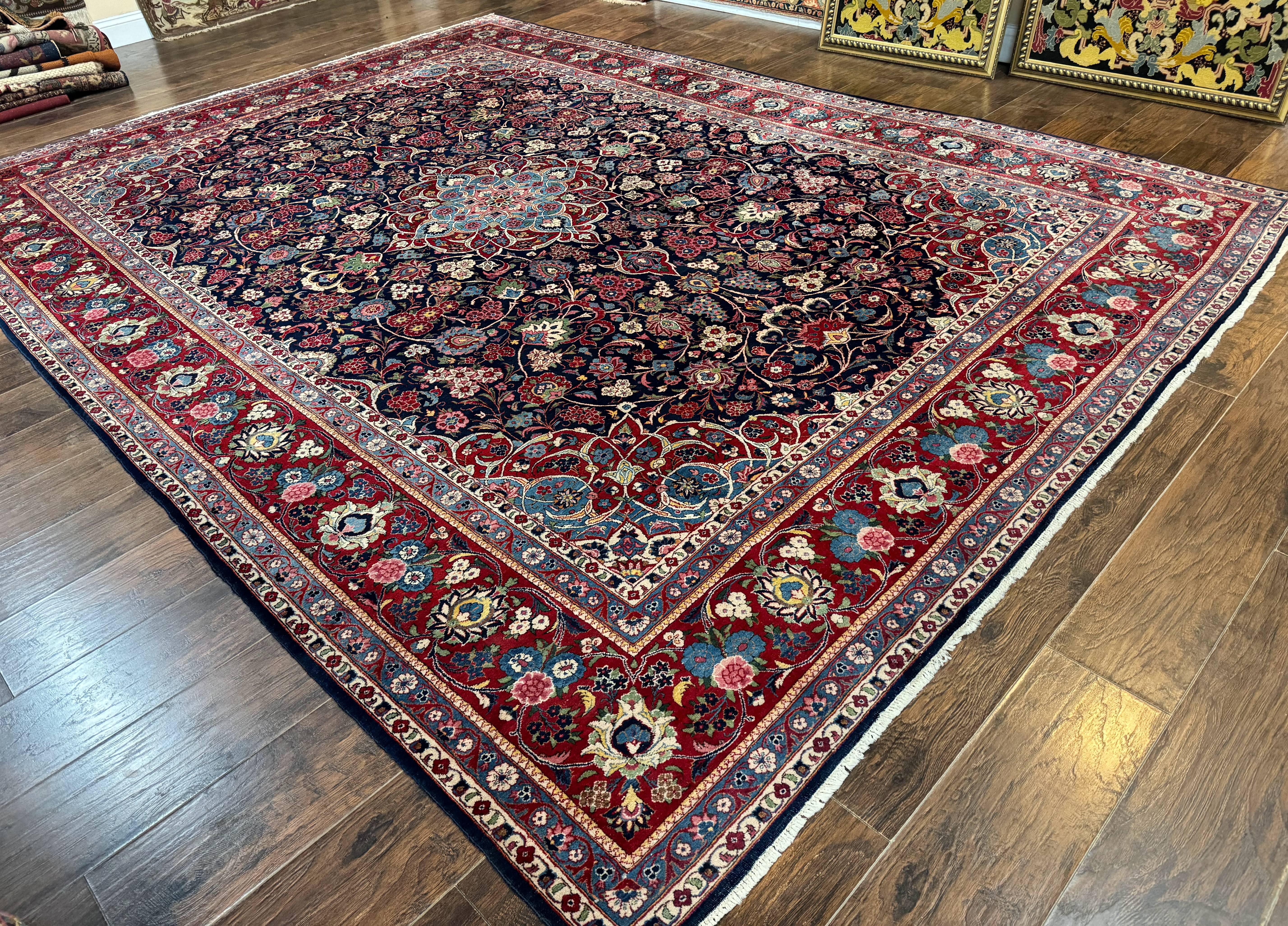 Navy Blue Persian Rug 9x12, Antique Persian Carpet, Kork Wool, 200 KPSI, Persian Kashan Rug - Jewel Rugs