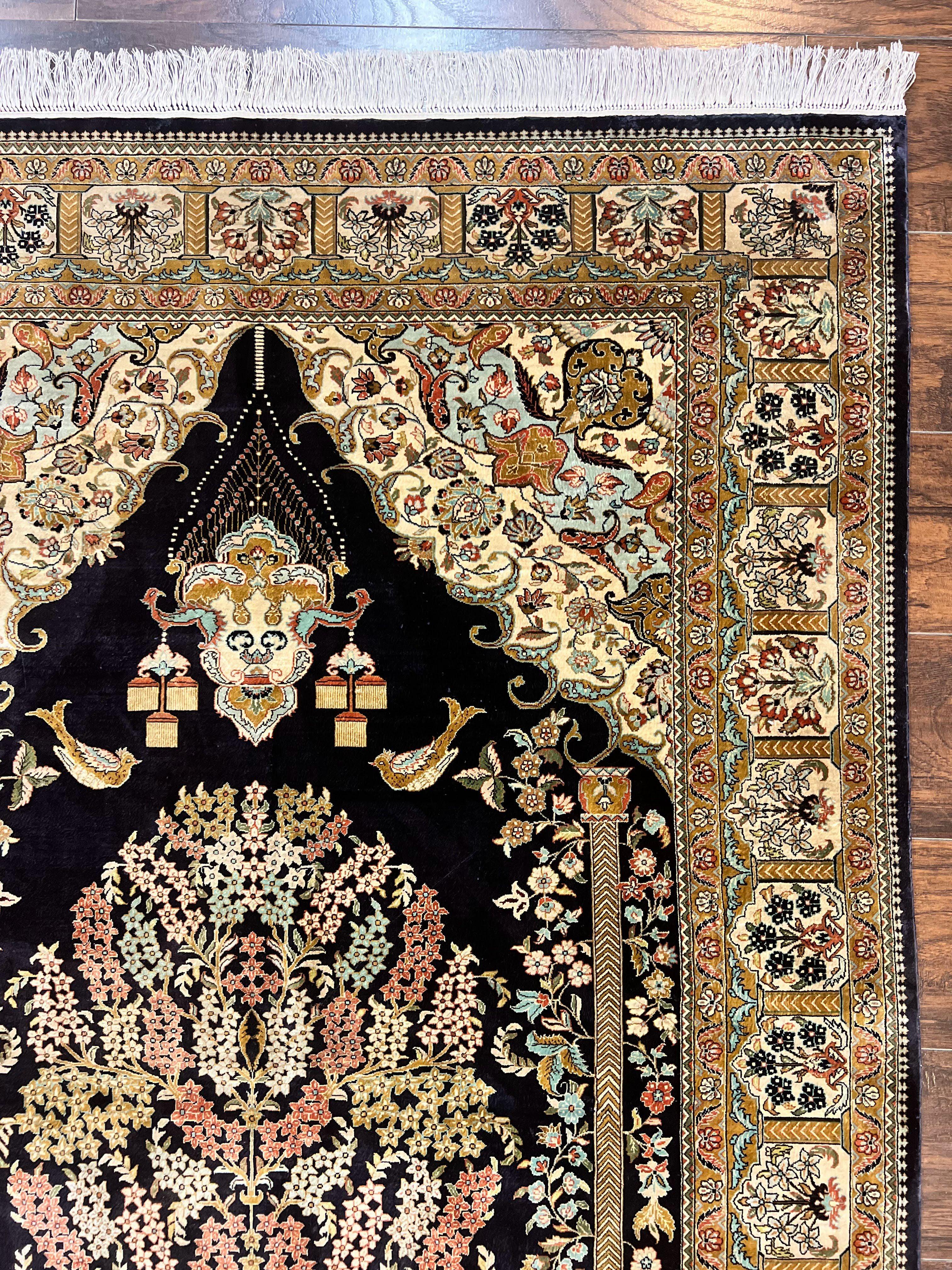 Wonderful Sino Persian Silk Rug 4x6, Tree of LIfe Design, Masterpiece 575 KPSI, Birds, Prayer Rug, Black, Silk on Silk - Jewel Rugs