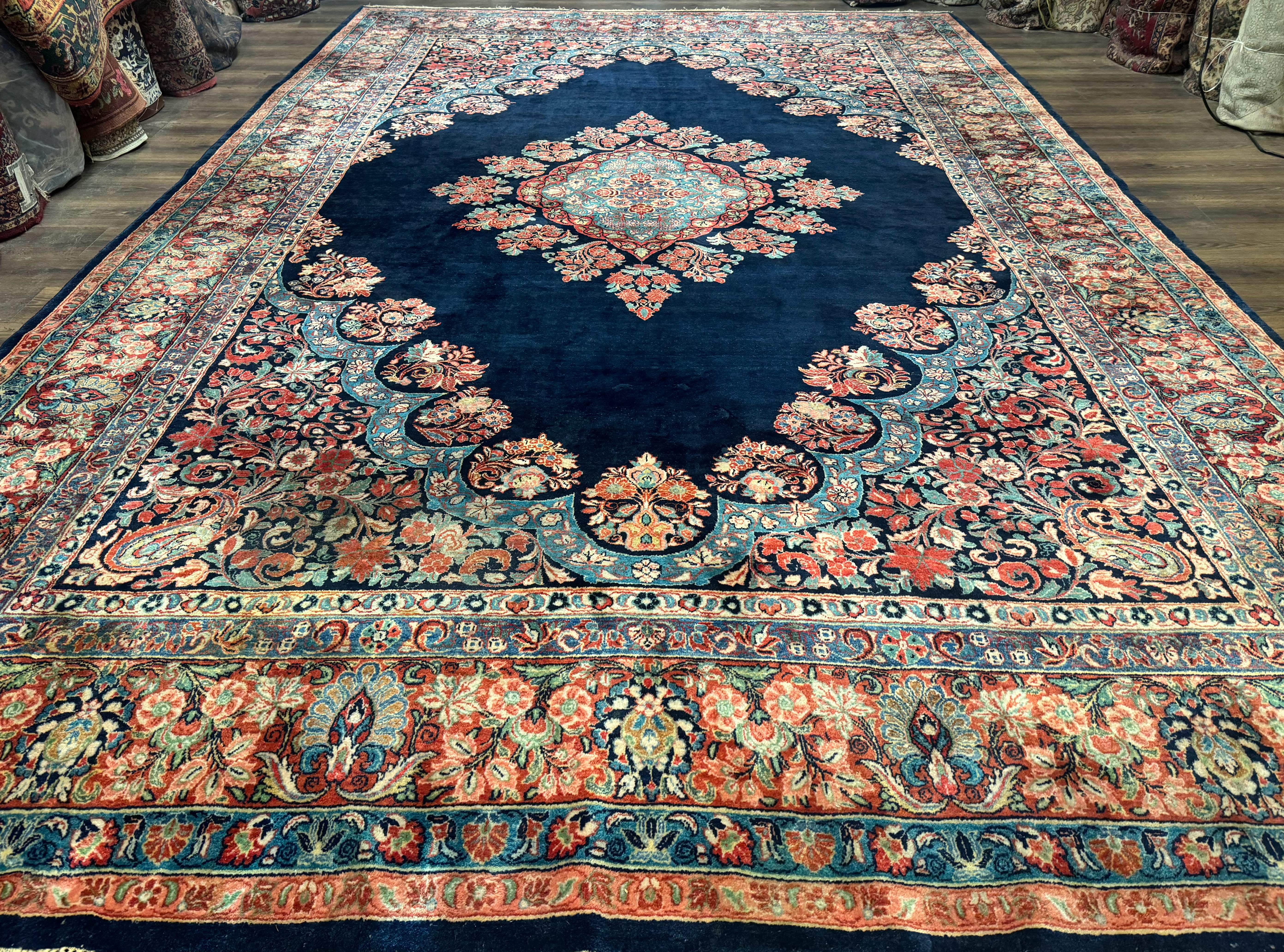 Persian Sarouk Rug 10x16 – Navy Blue and Red, Hand-Knotted Wool Antique Carpet - Jewel Rugs