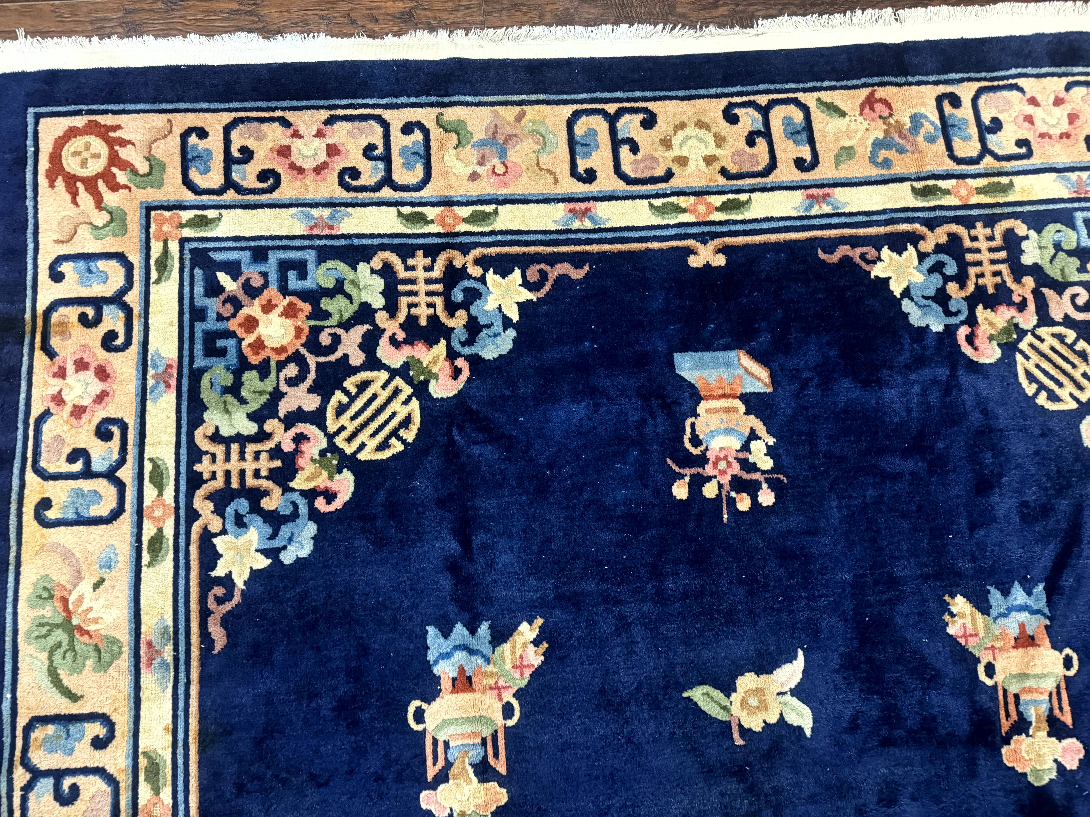 Chinese Wool Rug 8x11, Navy Blue and Beige, Simple Design, Fete Carpet - Jewel Rugs