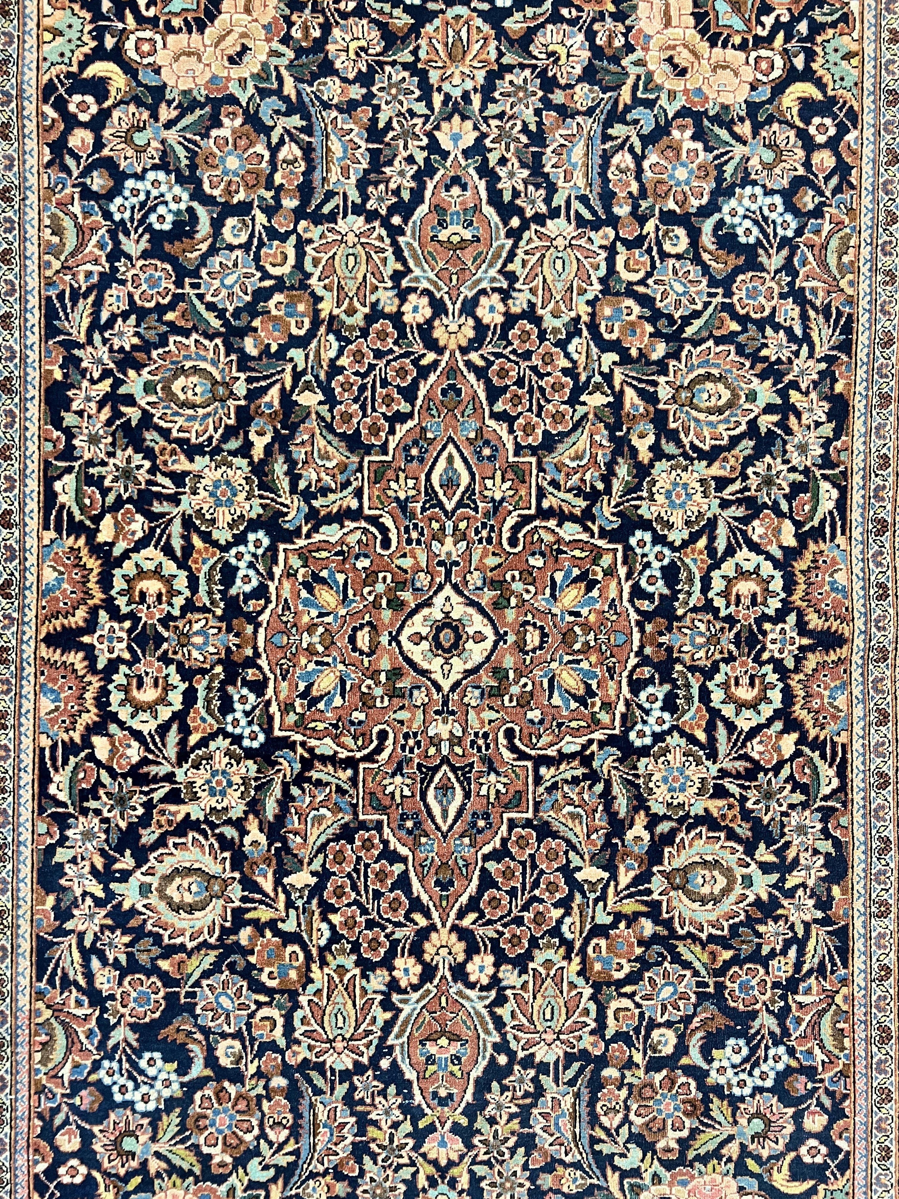 Persian Kashan Rug 4x7, Floral Medallion Vintage Handmade Hand Knotted Navy Blue & Red Wool Oriental Carpet, Highly Detailed Semi Antique Rug - Jewel Rugs