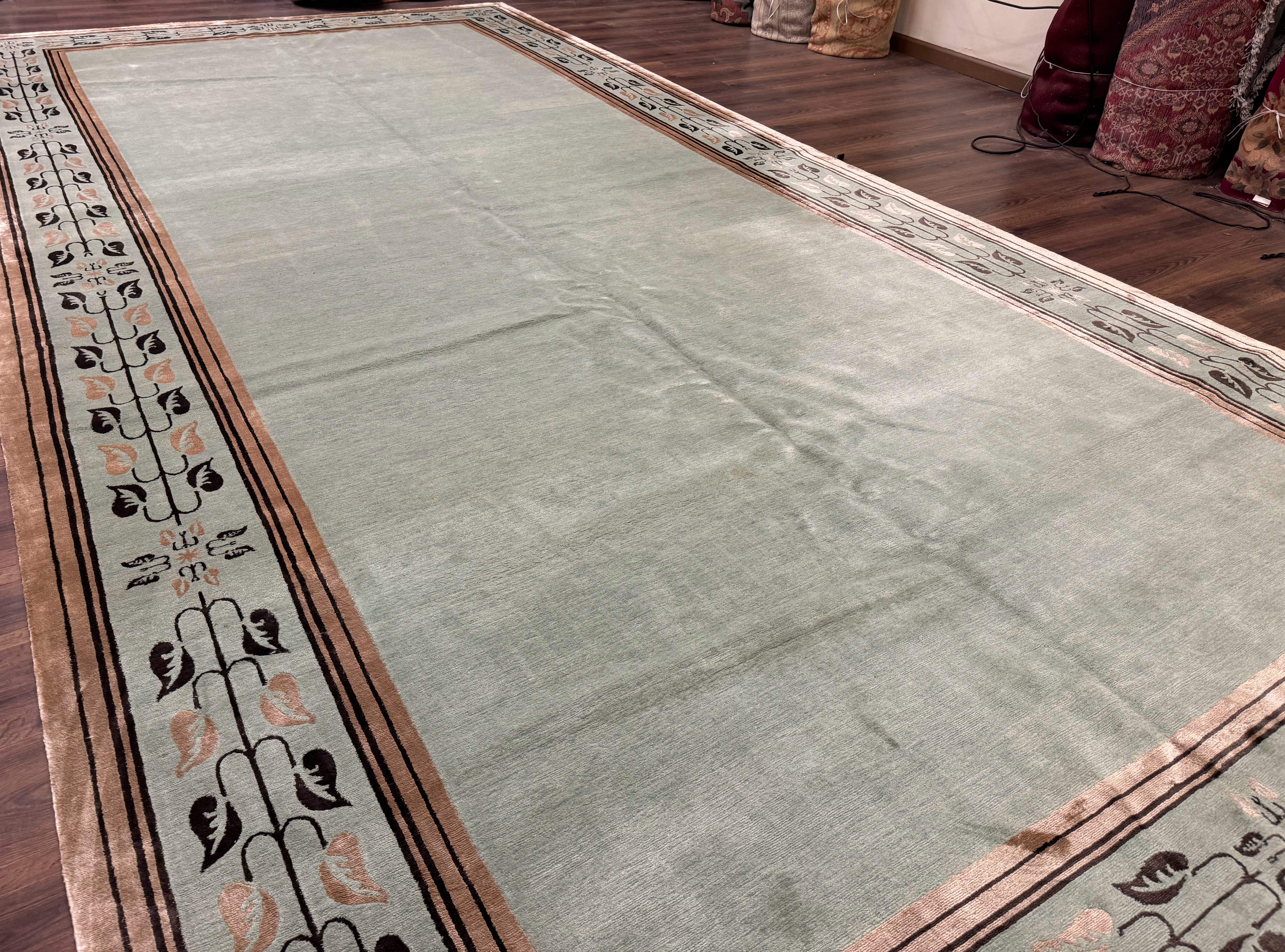 Palace Size Nepali Rug 9x18, Open Field, Light Mint Green, Wool Hand Knotted, Modern Contemporary - Jewel Rugs