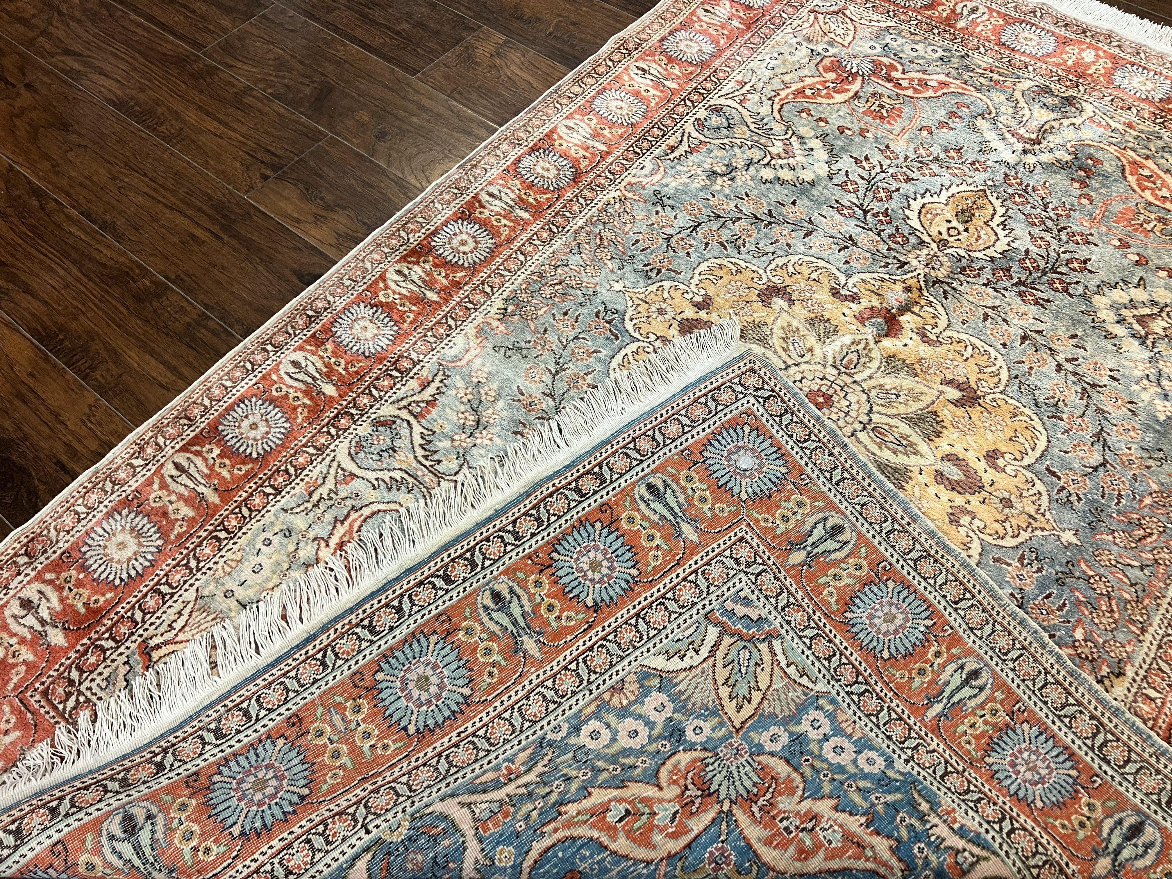 Silk Turkish Rug 5x7, Light Blue Silk Carpet, Floral Medallion, Turkish Kayseri Rug, Vintage Handmade Oriental Rug - Jewel Rugs