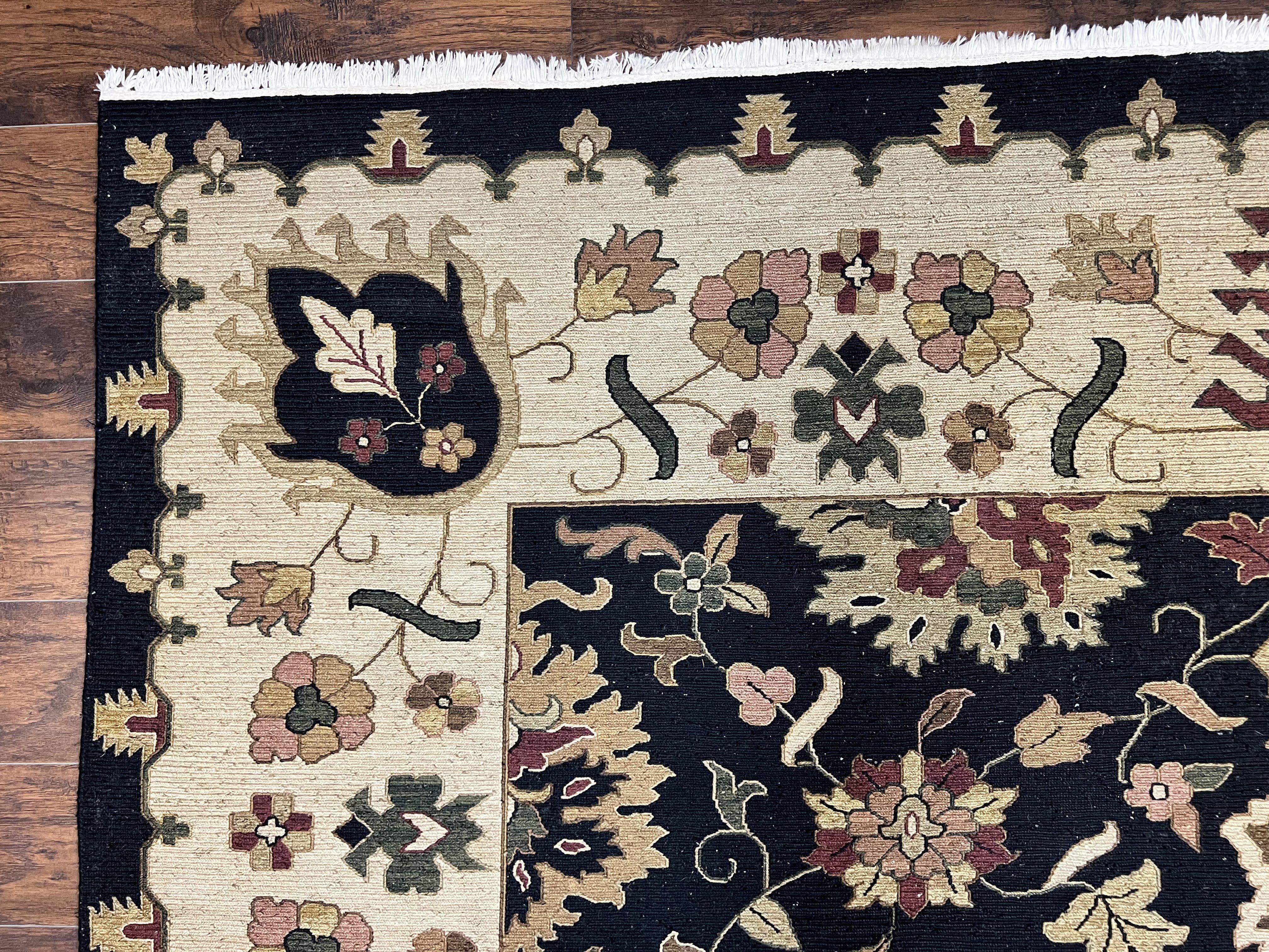 Indo Persian Rug 10x14, Wool Handmade Room Sized Floral Oriental Carpet, Indian Mahal Flatweave Rug, Black Beige - Jewel Rugs