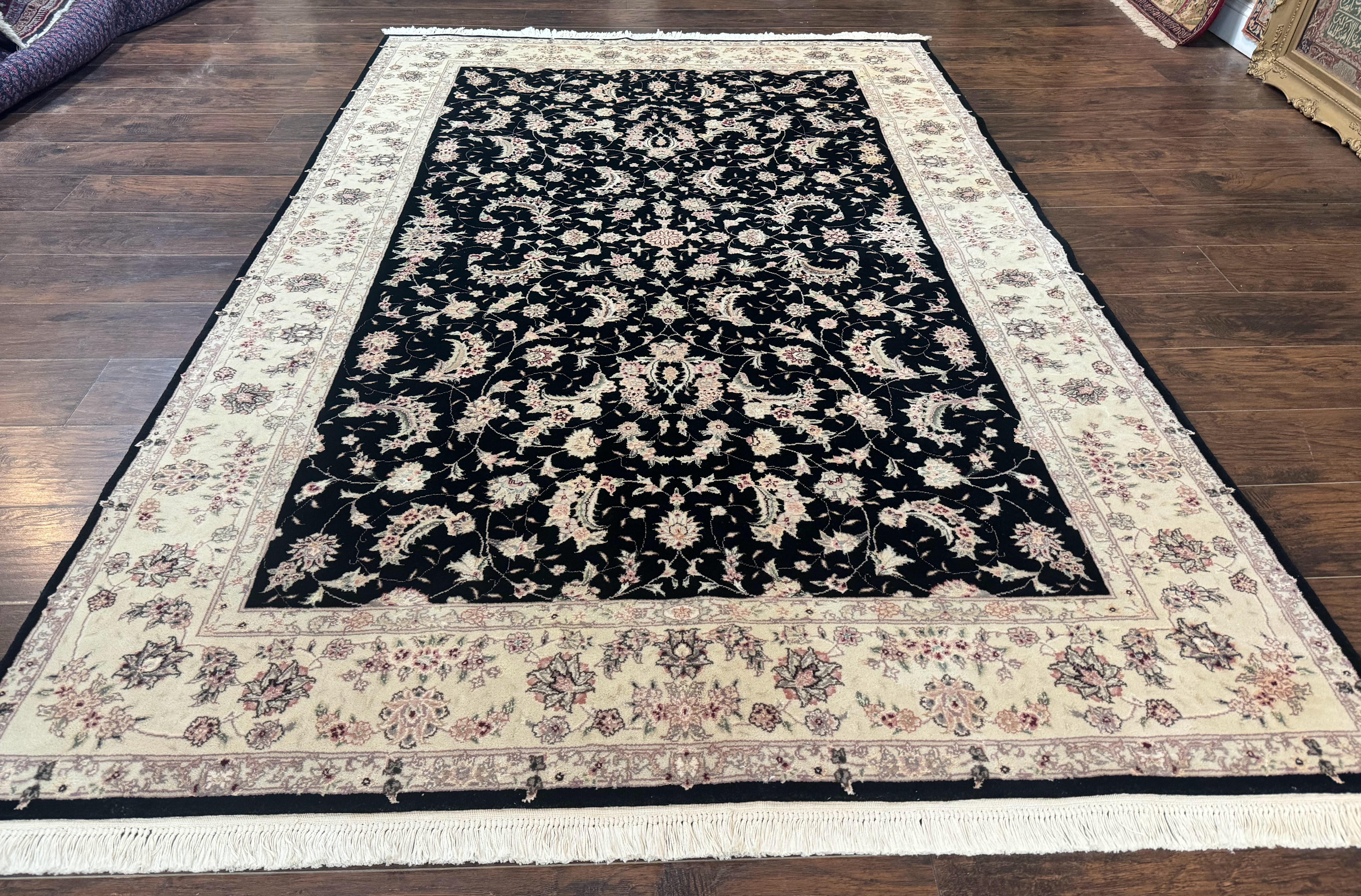 Sino Persian Rug 6x9, Black and Ivory, Wool and Silk Highlights, Handmade - Jewel Rugs