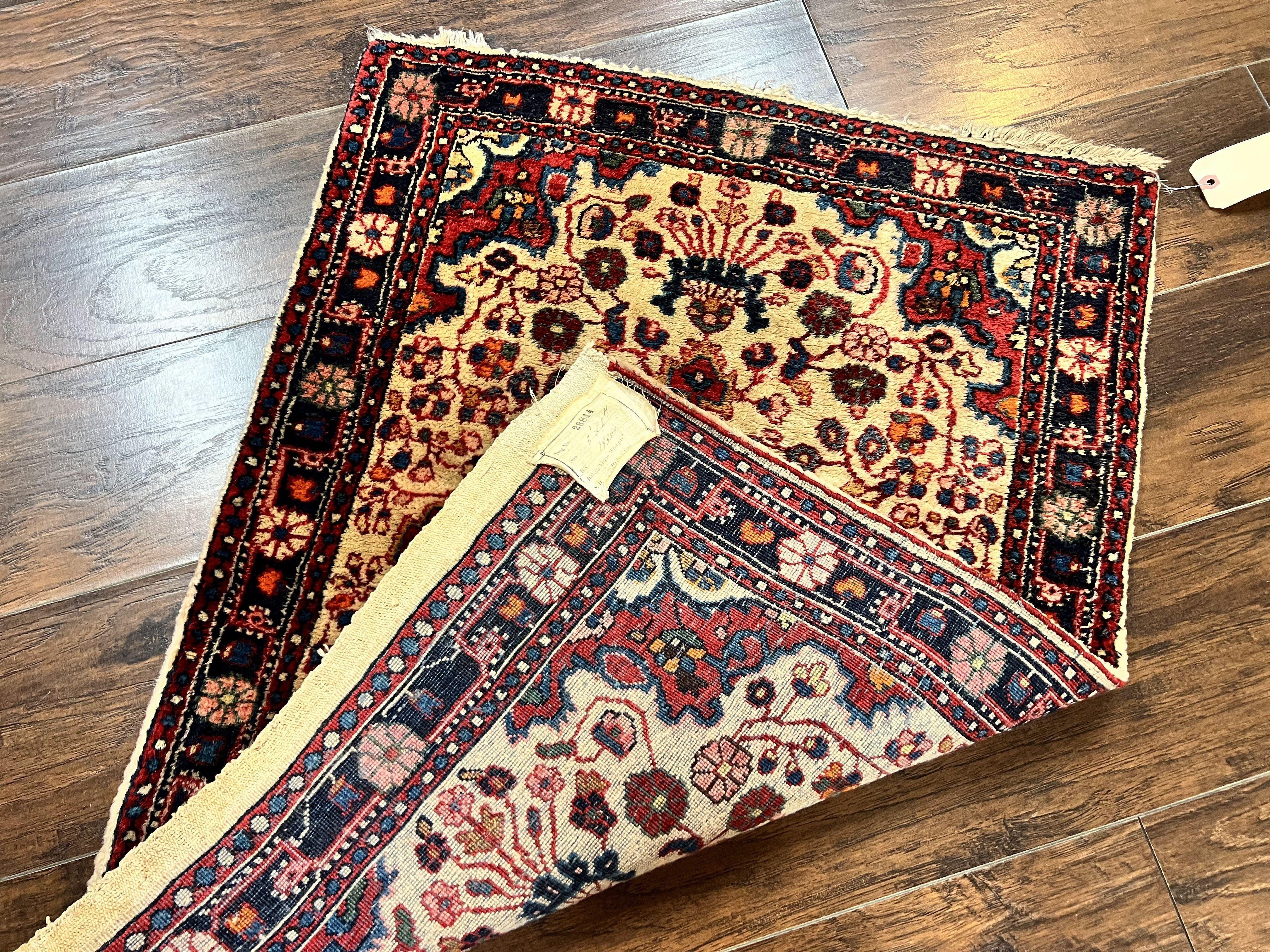 Persian Sarouk Rug 2x3, Antique Wool Hand Knotted Carpet, Cream/Ivory & Red, Small Floral Medallion Rug, Handmade Oriental Carpet - Jewel Rugs