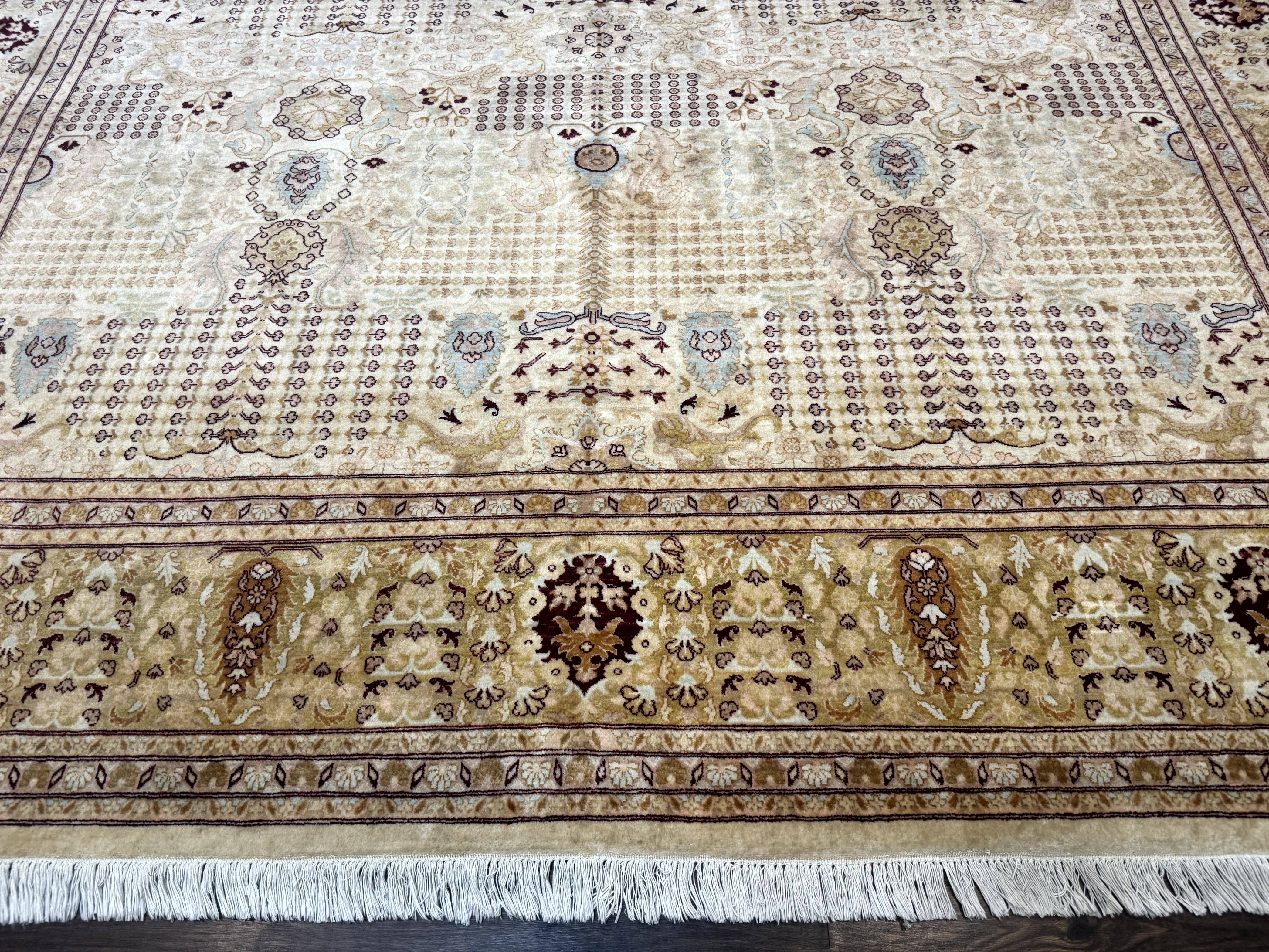 Pakistani Carpet 9x12, Finely Hand Knotted 270 KPSI, Cream, Allover Pattern - Jewel Rugs