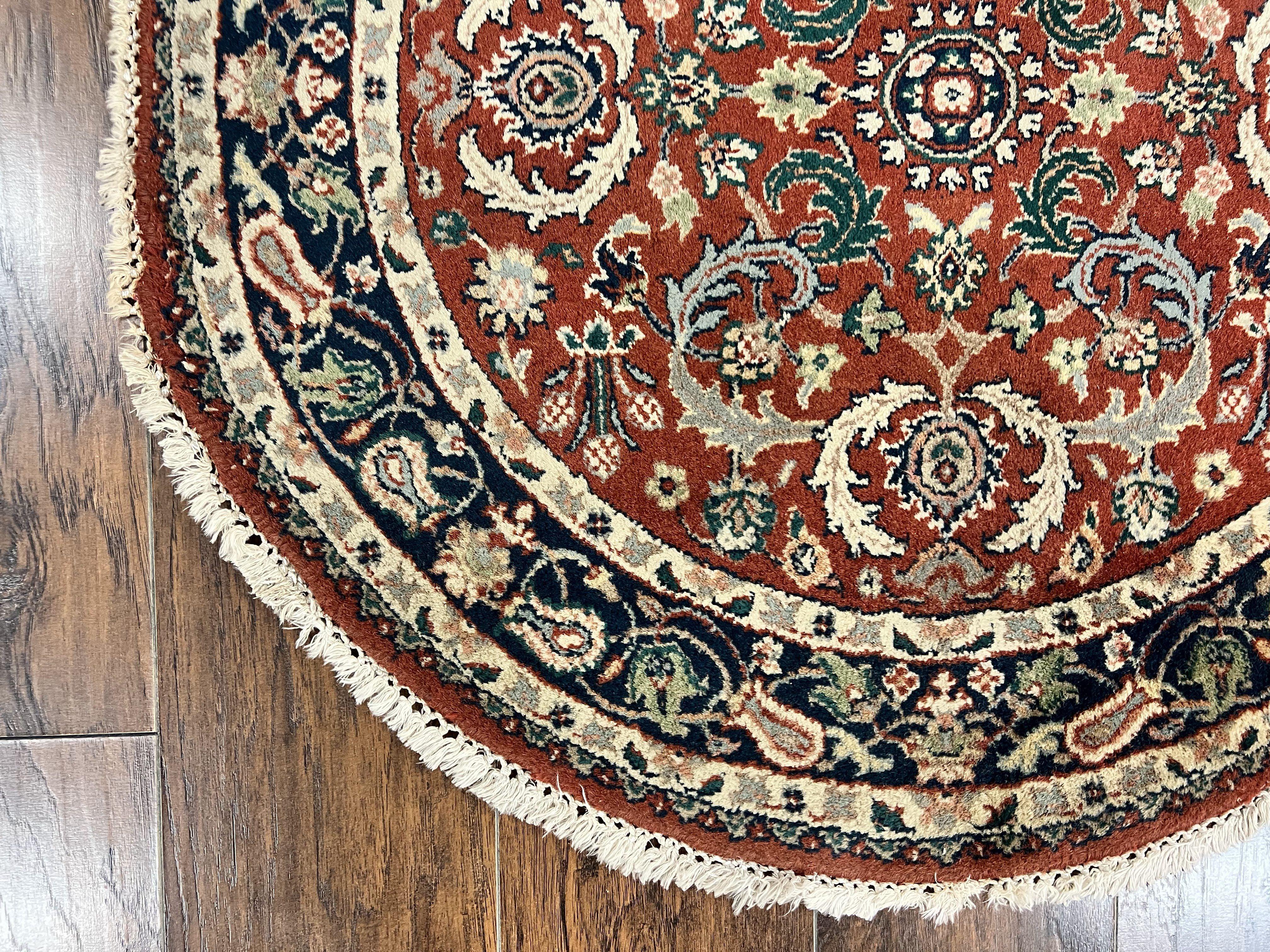 Round Rug 3x3, Indo Persian Oriental Carpet 3ft Round, Small Round Rug, Red Floral Allover Wool Hand Knotted Vintage Traditional Rug - Jewel Rugs