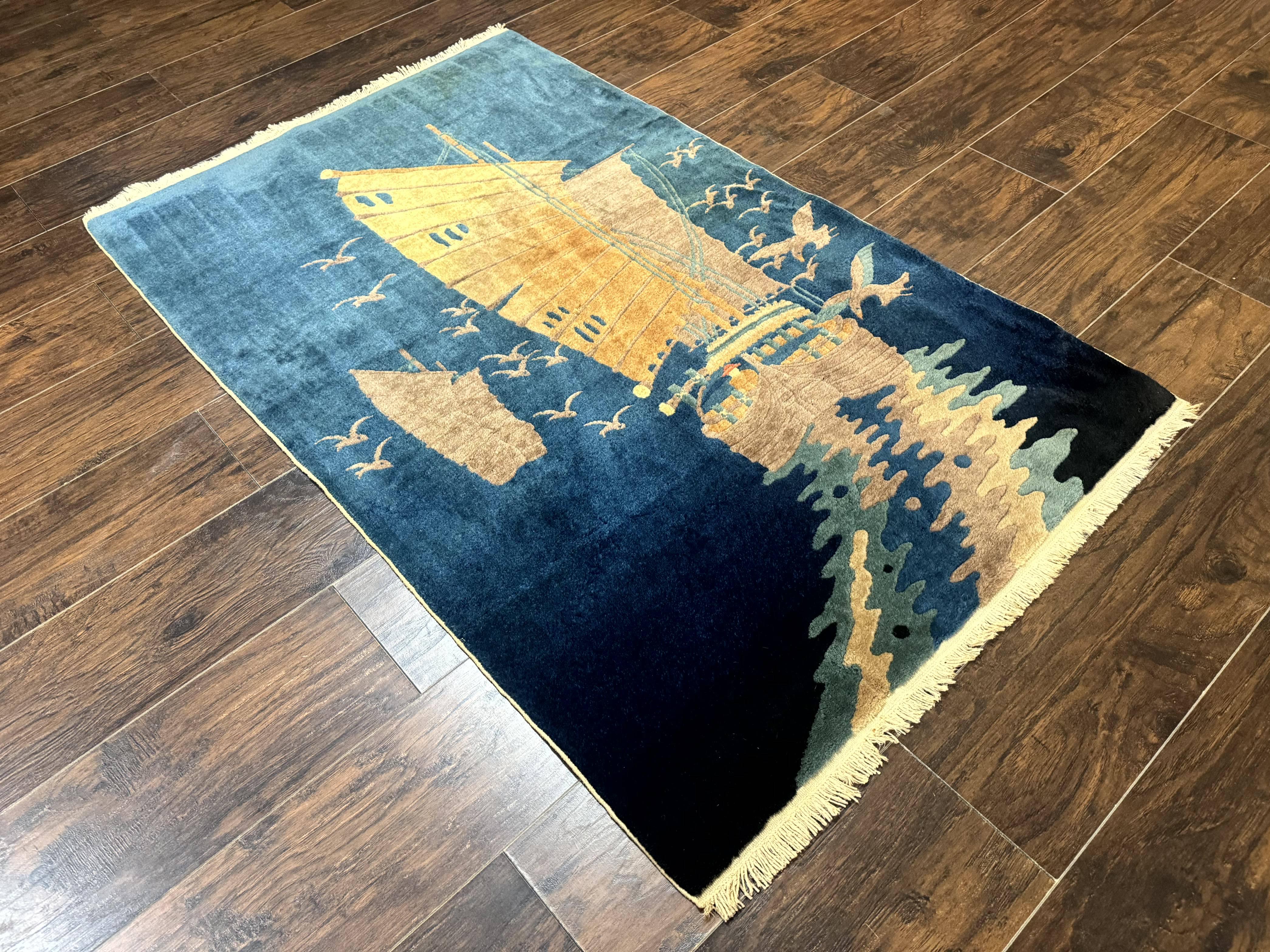 Chinese Art Deco Rug 3x5, Blue, Sailboat and Birds, Seagulls, Ocean, Vintage, Handmade, Chinese Wool Rug, Peking Rug - Jewel Rugs