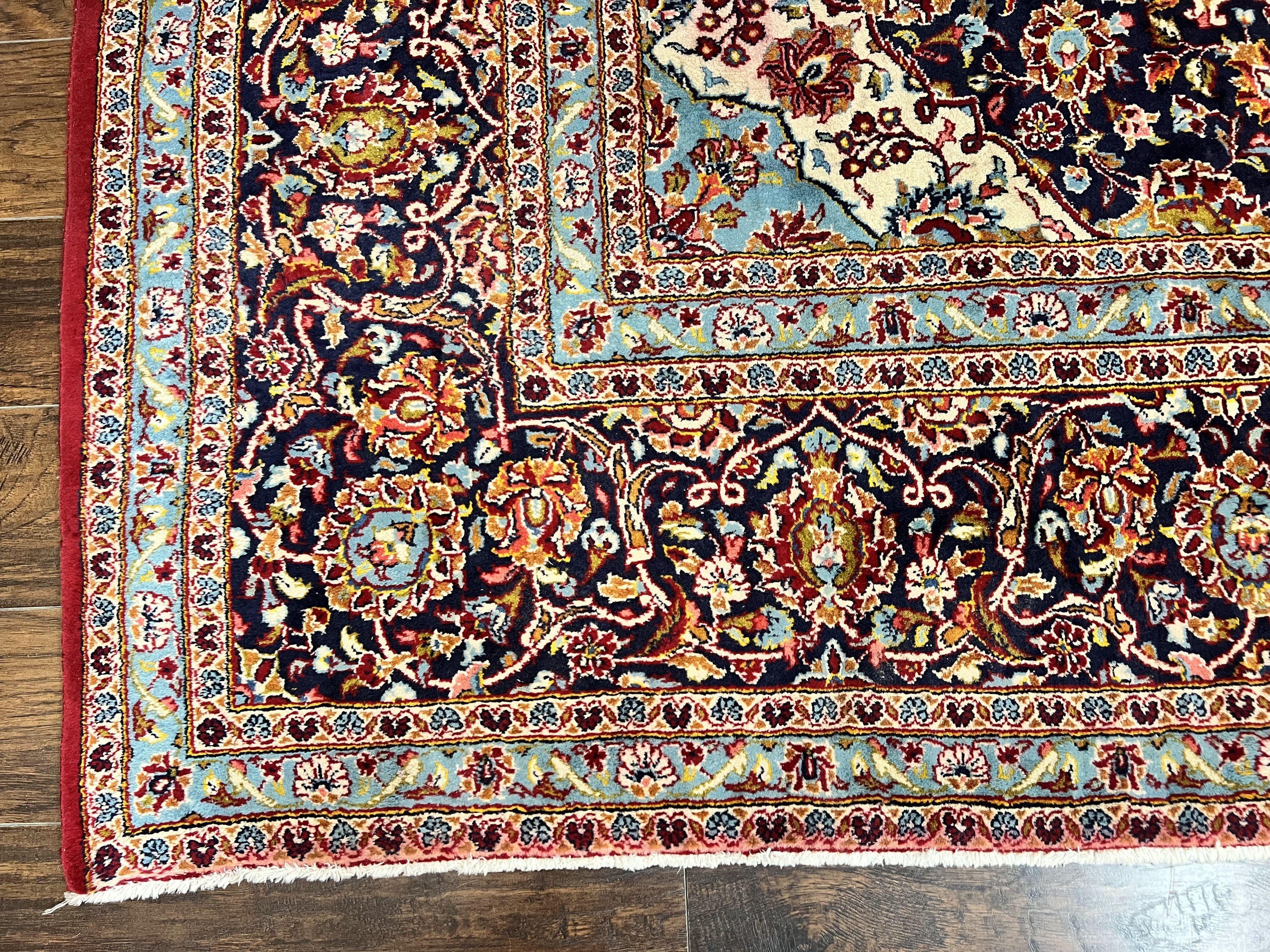 Persian Kashan Rug 10x14, Wool Hand Knotted Vintage Carpet, Red & Navy Blue Floral Allover Rug, Traditional Oriental Rug 10 x 14, Semi Antique - Jewel Rugs