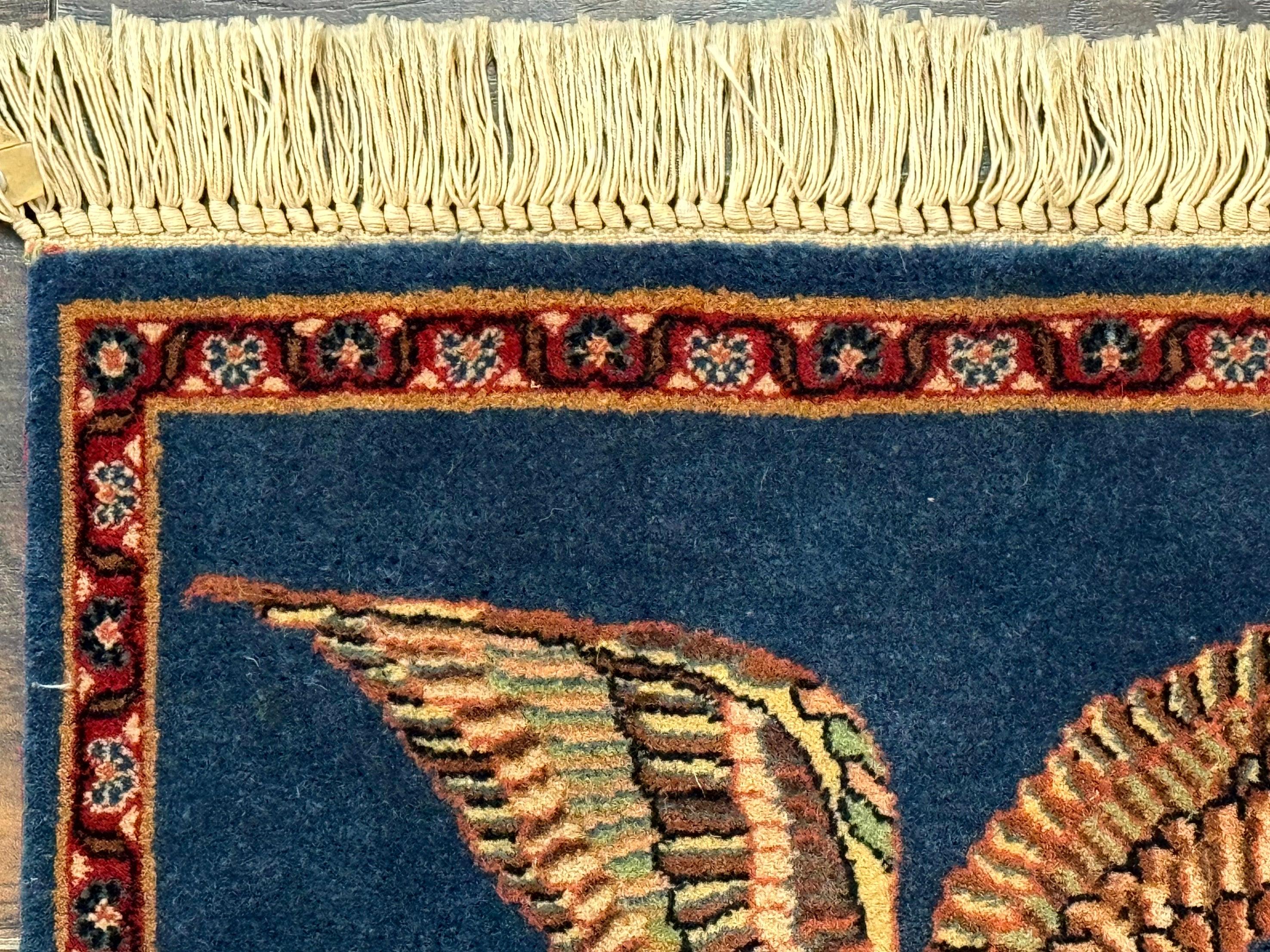 Pictorial Rug of American Flag with Bald Eagle, Small Indo Persian Pictorial Rug, Blue, Handmade, Very Fine 330 KPSI - Jewel Rugs