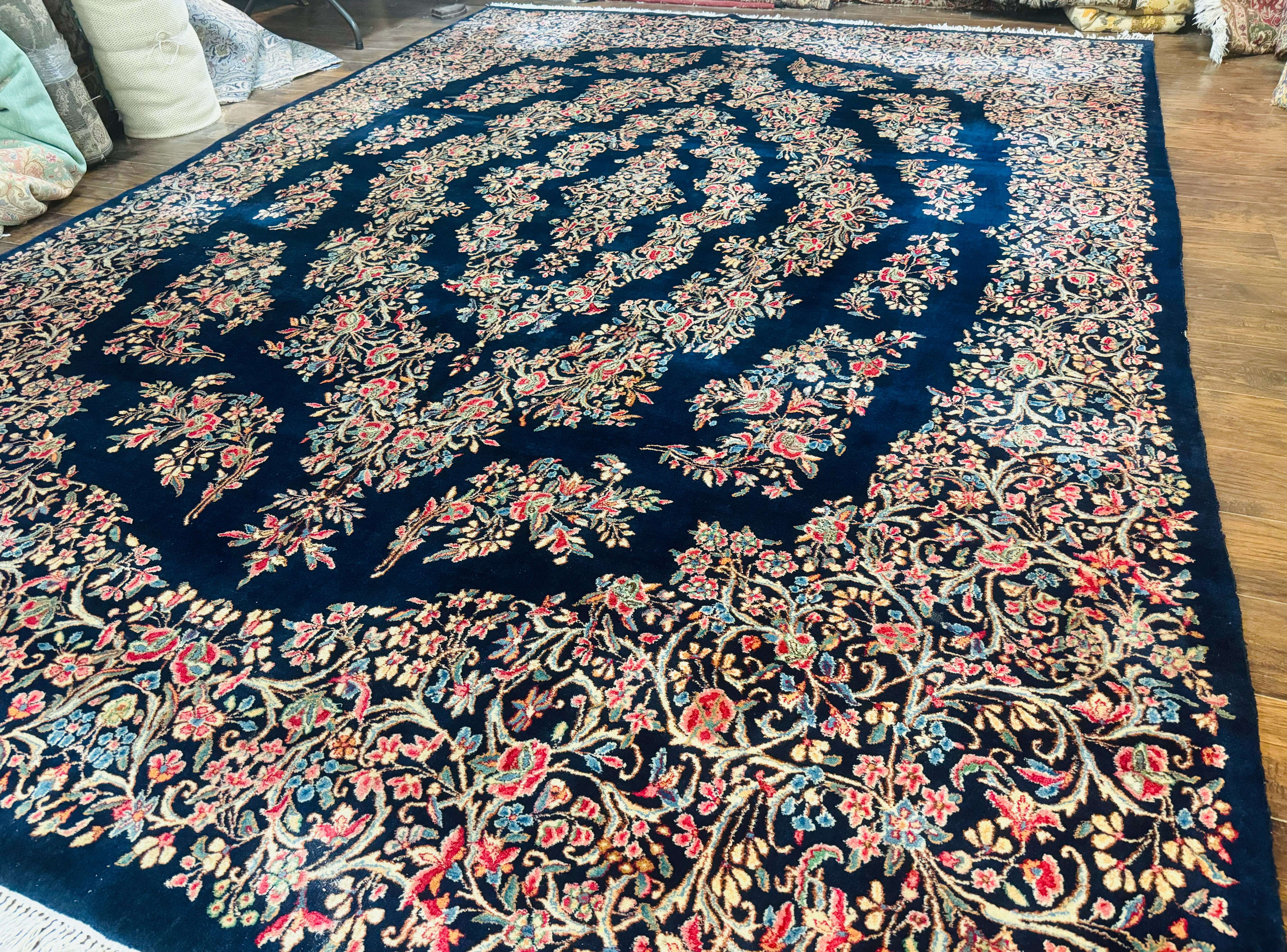 Antique Persian Kerman Rug 10x13, Navy Blue Floral Carpet, Fine 270 KPSI - Jewel Rugs