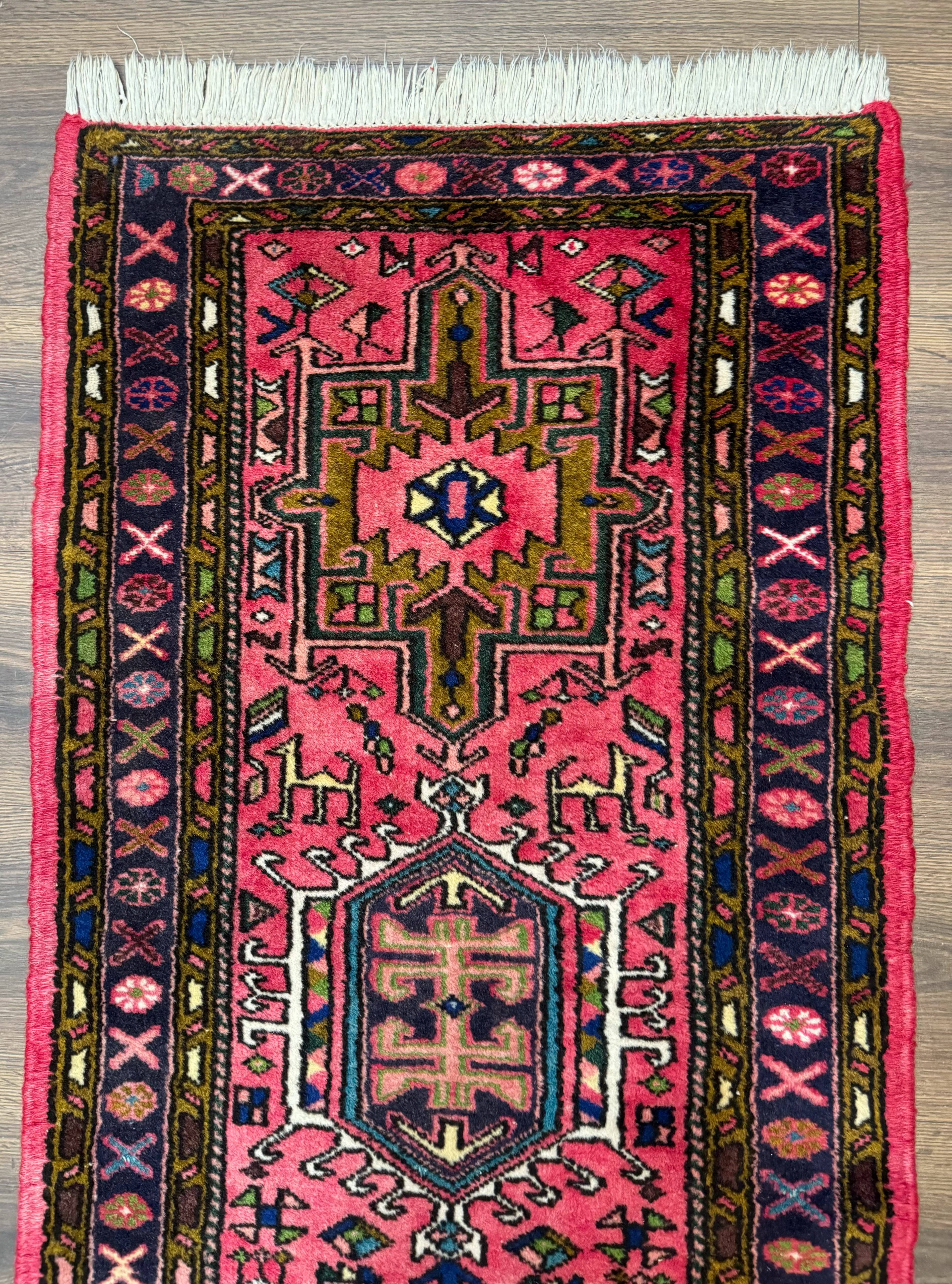 Vintage Persian Karajeh Runner Rug 2 x 9.8, Pink and Navy, Geometric Design - Jewel Rugs
