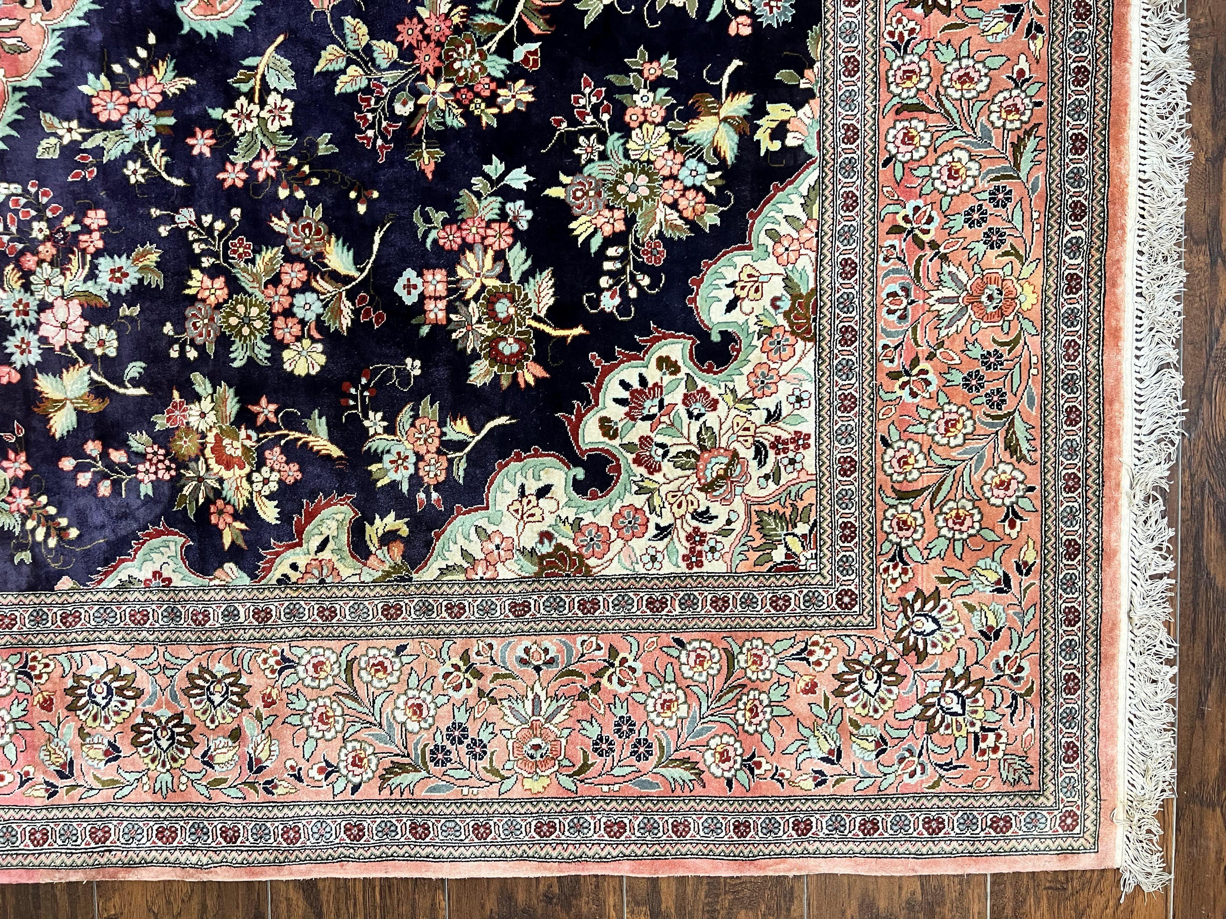Stunning Silk Persian Qum Rug 7x9, Finely Hand Knotted Navy Blue & Salmon Floral Medallion Authentic Oriental Carpet, Vintage Handmade Silk Ghom Rug, Silk on Silk - Jewel Rugs