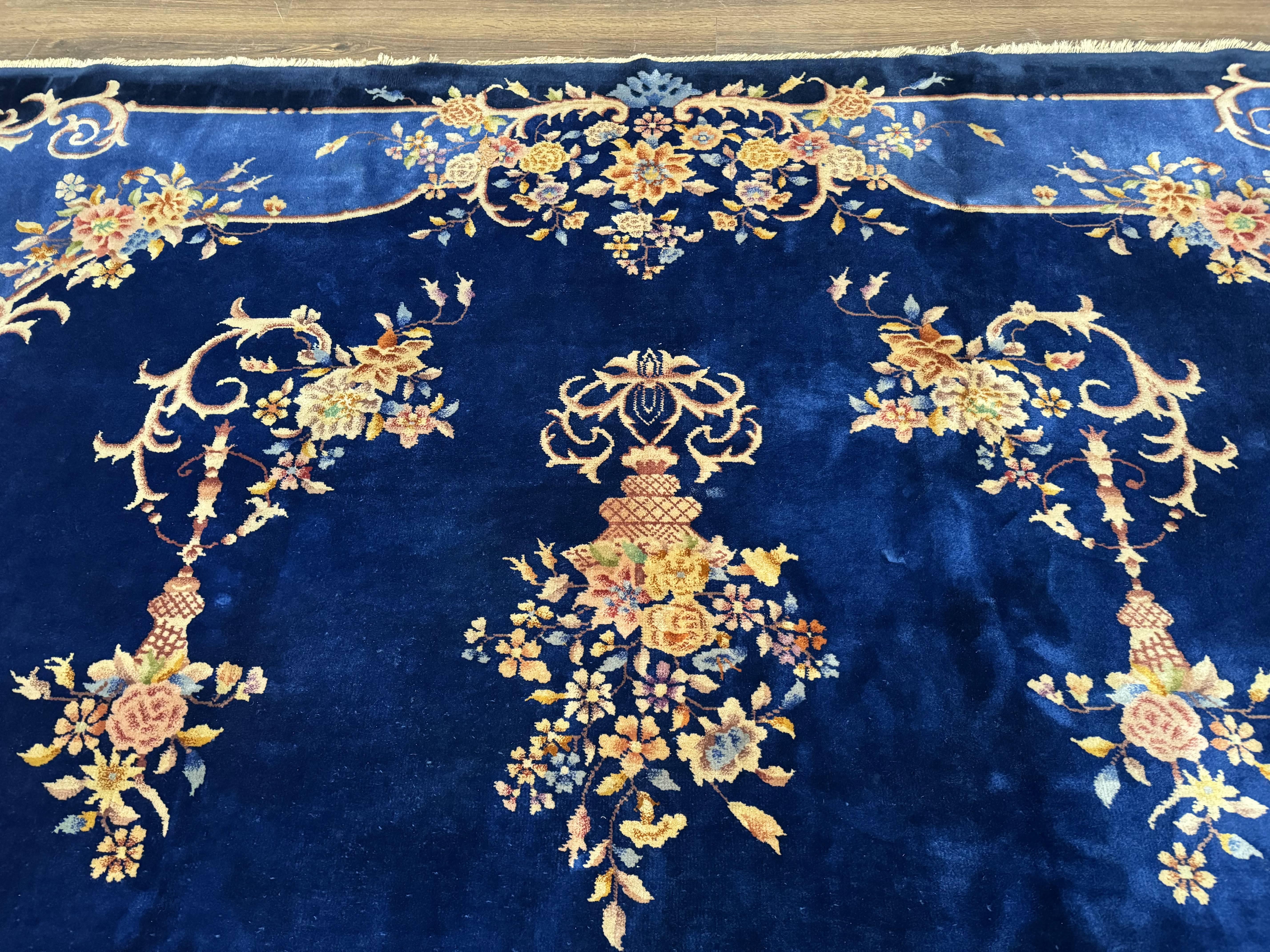 Blue Chinese Art Deco Rug 9x12, Vintage Antique Chinese Wool Rug, Chinese Fette Rug - Jewel Rugs