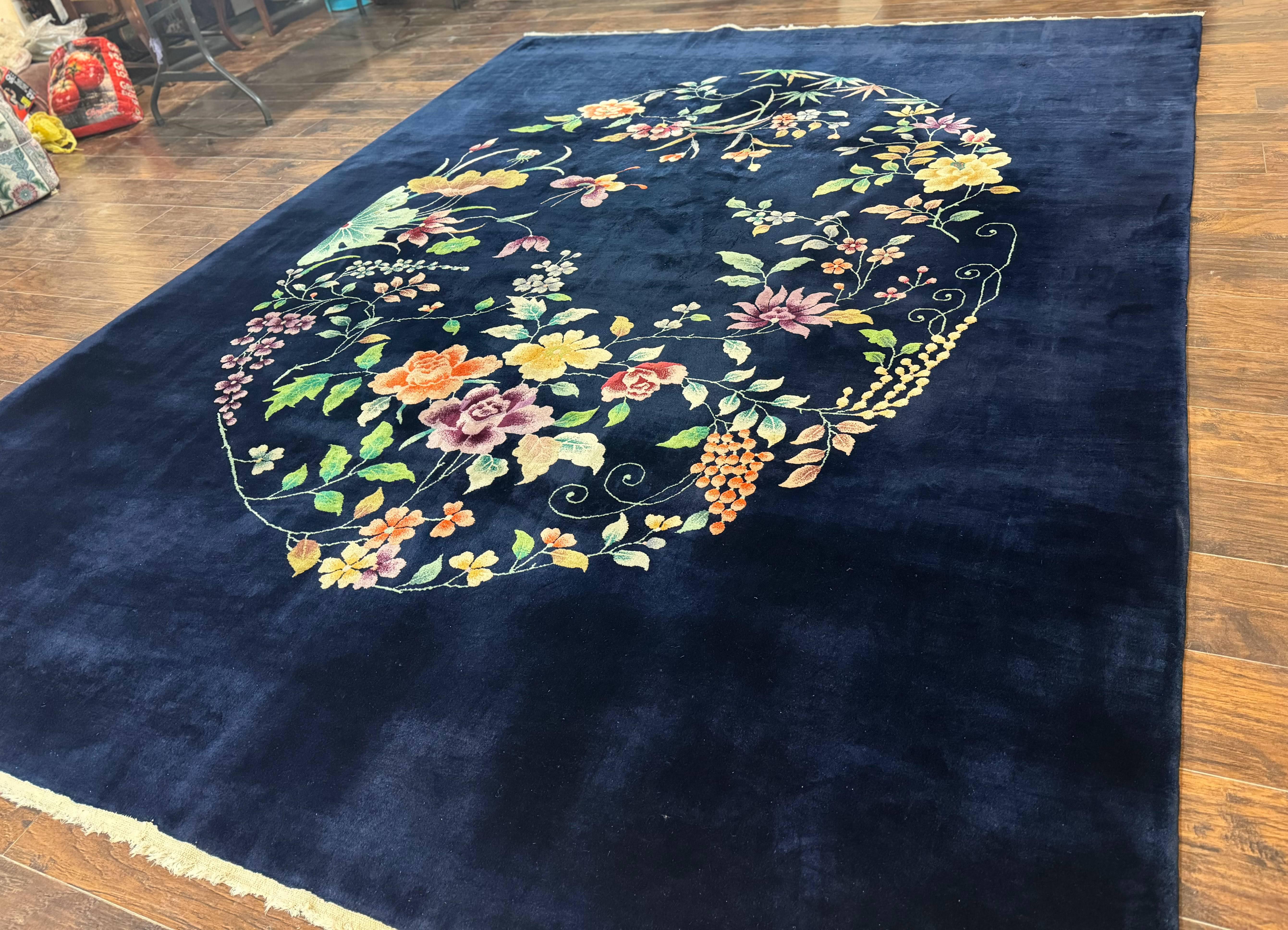 Chinese Art Deco Rug 10 x 11.5, Navy Blue Vintage Nichols Floral Wool Carpet - Jewel Rugs