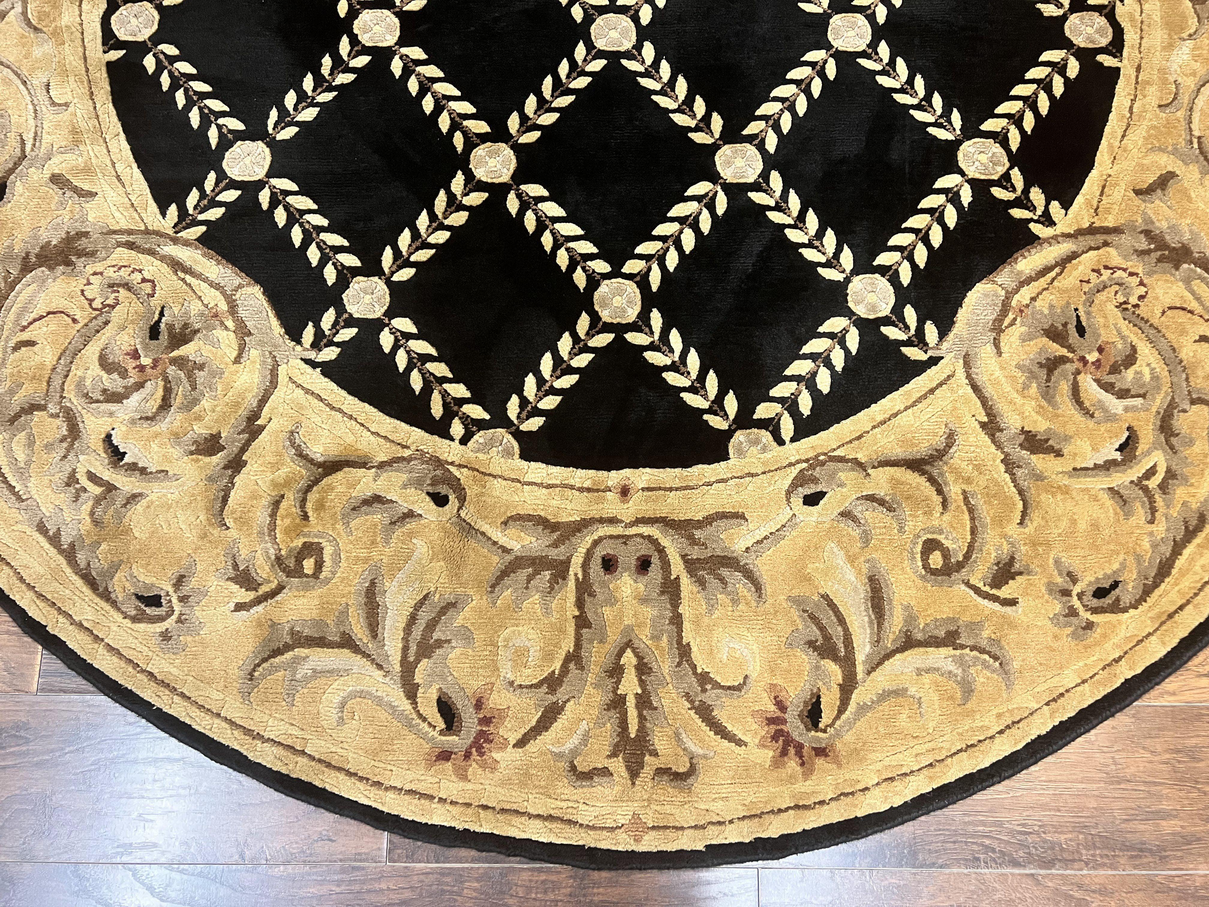 Oval Tibetan Rug 8x10, French Aubusson Design, Wool Handmade Vintage Carpet, Black & Beige, Soft Wool Pile - Jewel Rugs