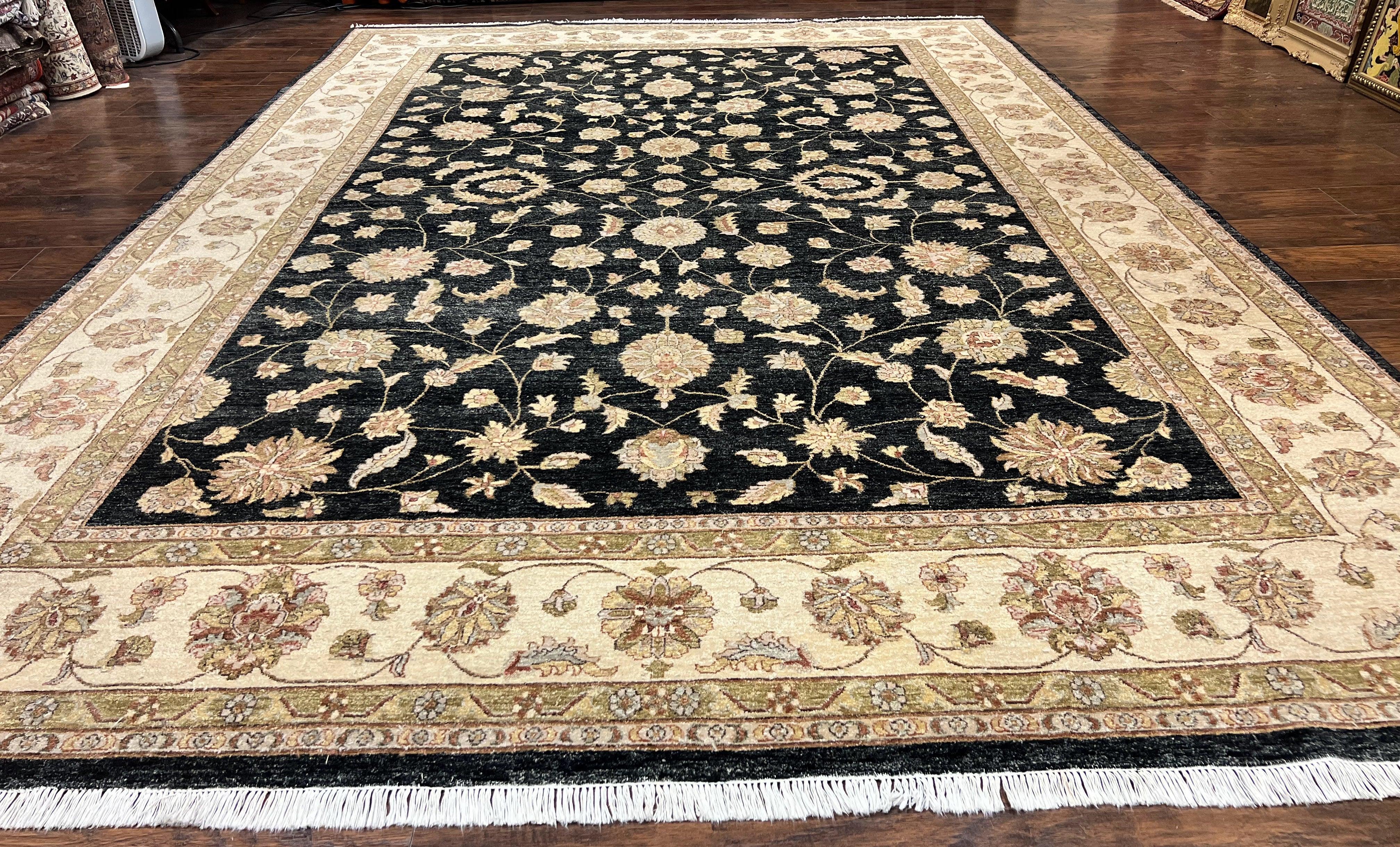 Indo Persian Rug 10x14, Charcoal and Beige, Floral Allover, Handmade Vintage Wool Carpet - Jewel Rugs