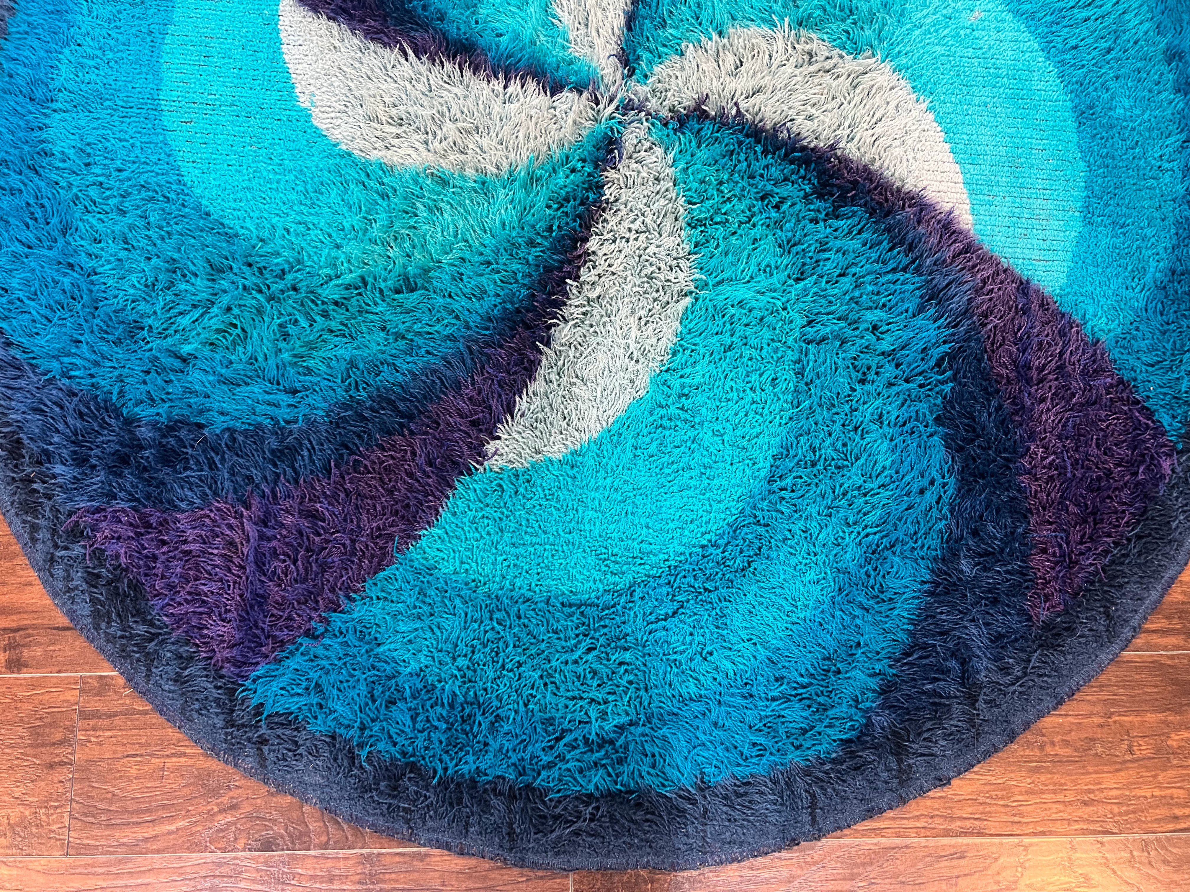 Round Rya Shag Rug 6x6 ft, Round Danish Rug, Shades of Blue, Mid Century 1960s Vintage Retro Area Rug 6ft Round - Jewel Rugs