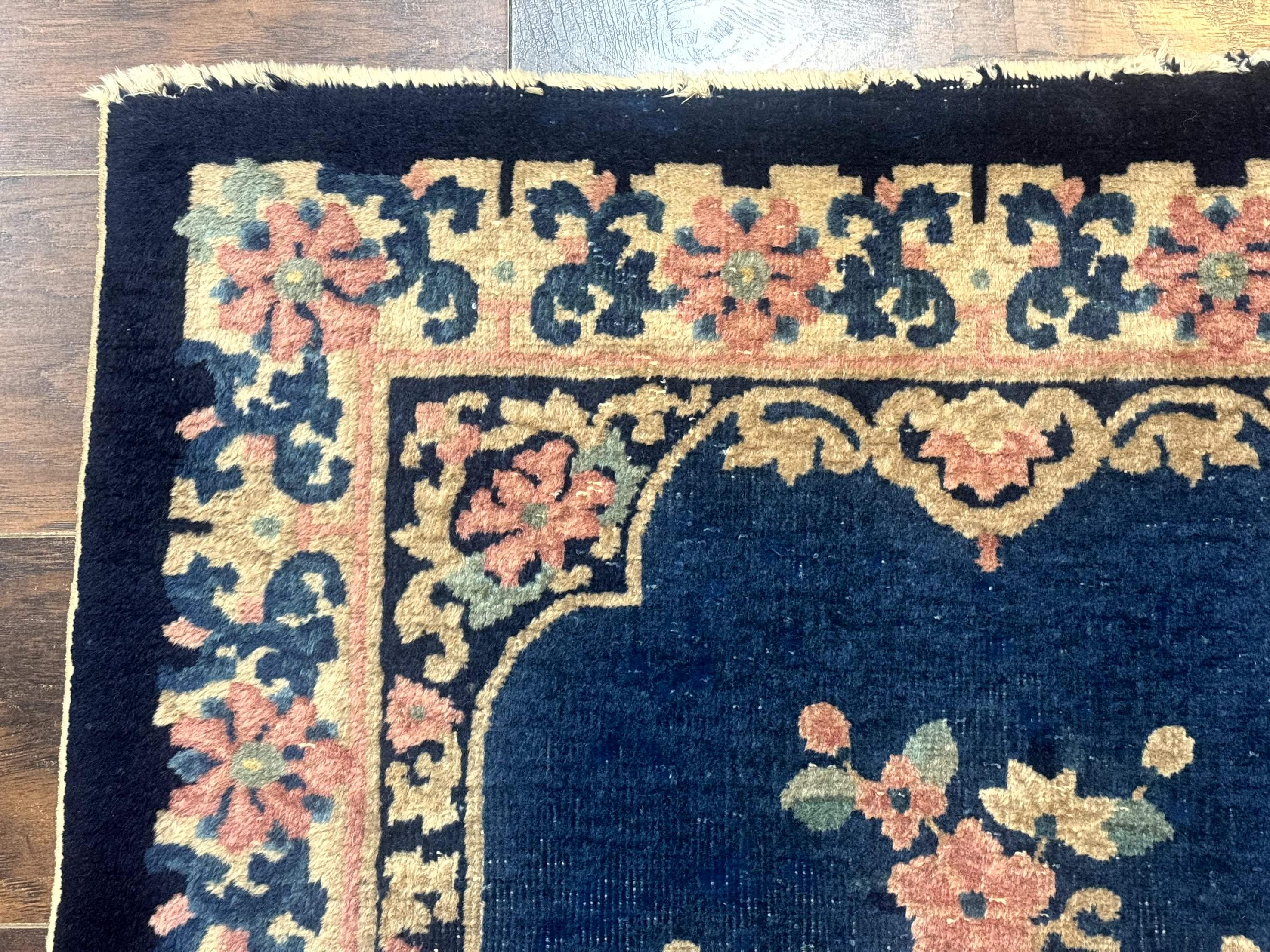 Blue and Beige Chinese Wool Rug 3x6, Chinese Fete Rug, Peking Rug, Antique Chinese Carpet - Jewel Rugs