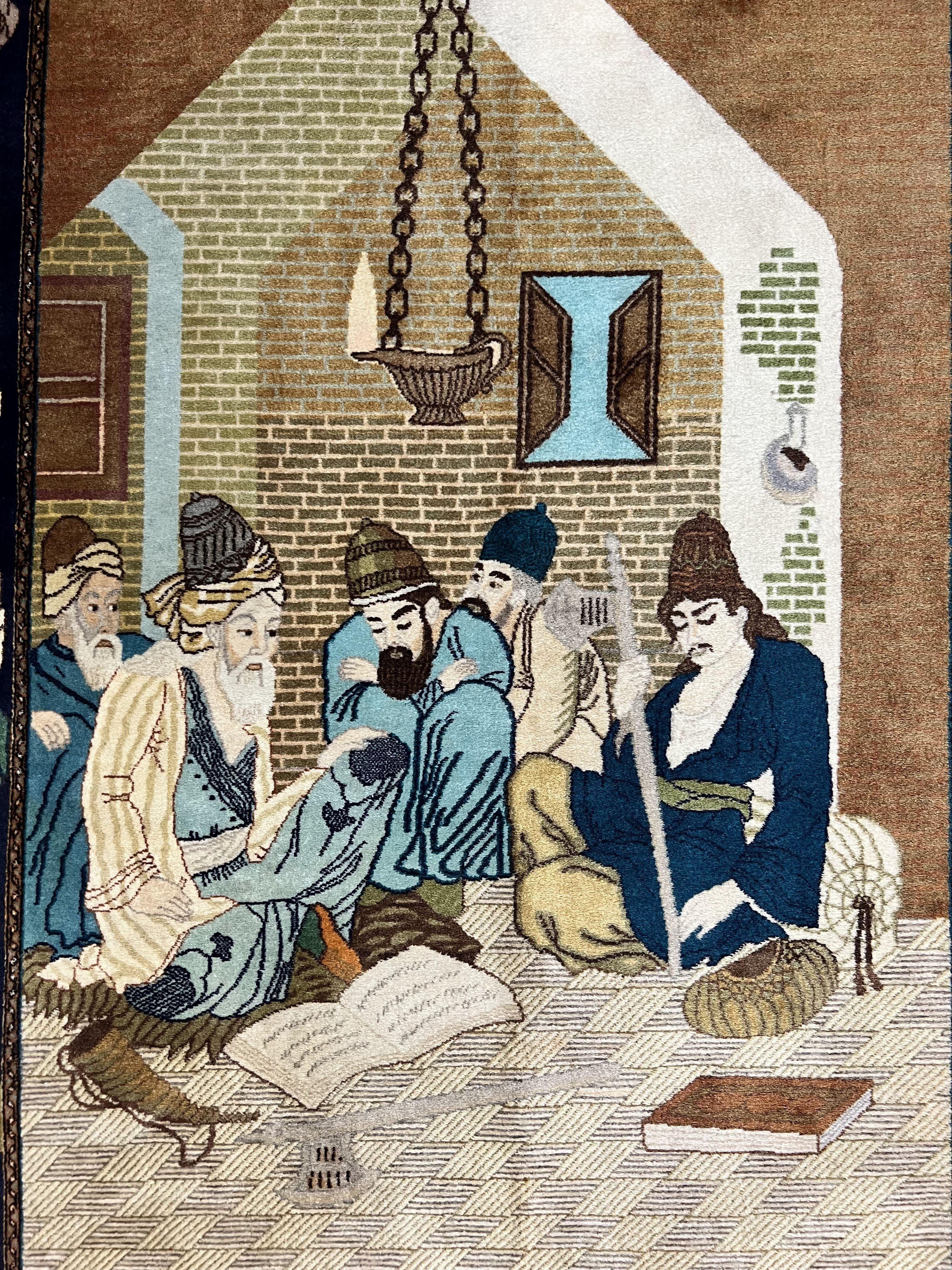 Persian Tabriz Pictorial Rug 3x5, Wall Hanging Carpet, Very Fine 60 Raj 475 KPSI, Hand Knotted Vintage Semi Antique, Wool, Persian Poetry - Jewel Rugs