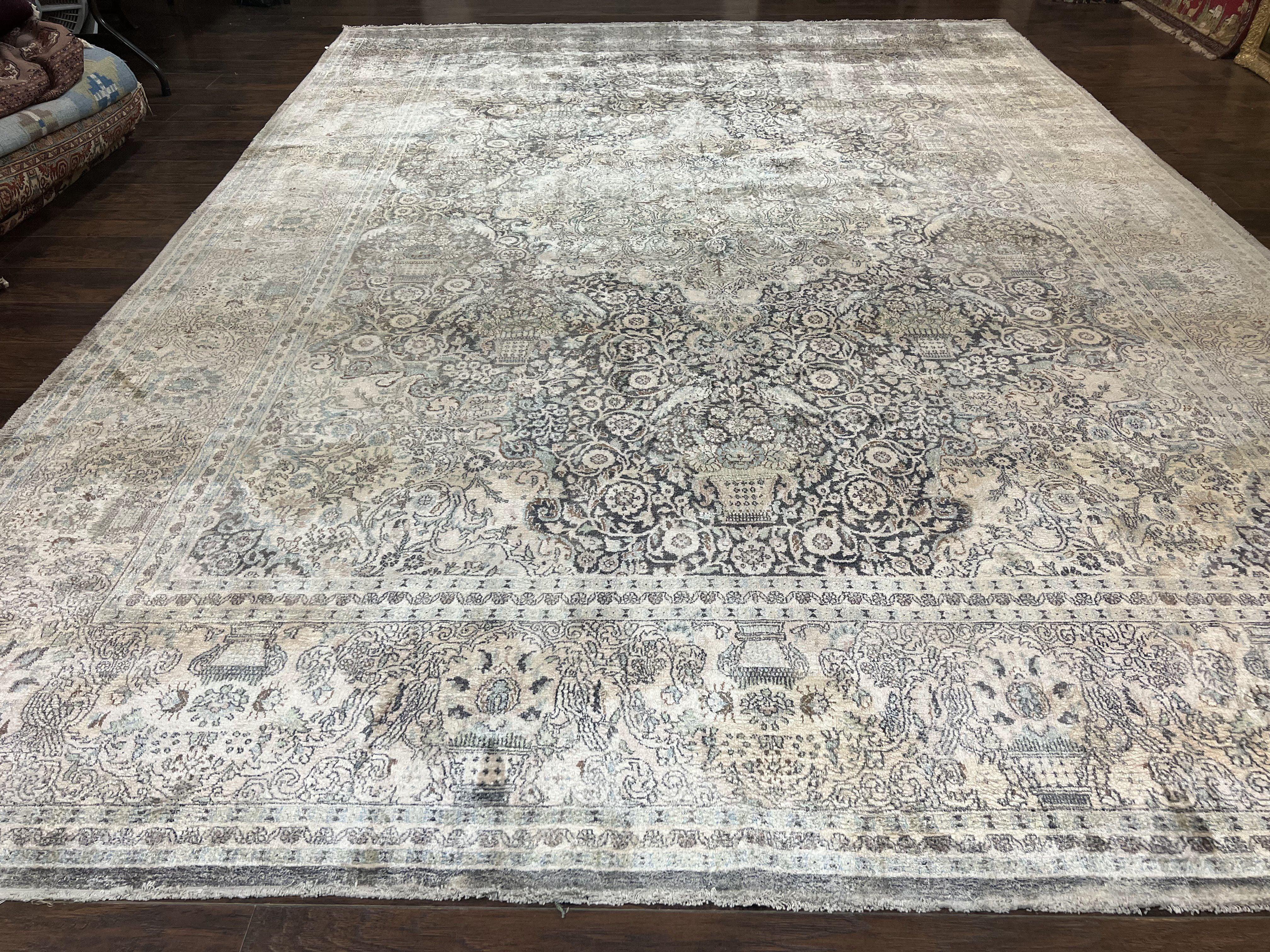 Silk Pak Persian Rug 10x14, Large Fine Silk Carpet 300 KPSI, Dark Gray, Handmade Vintage Rug, Floral, Bird Motifs - Jewel Rugs