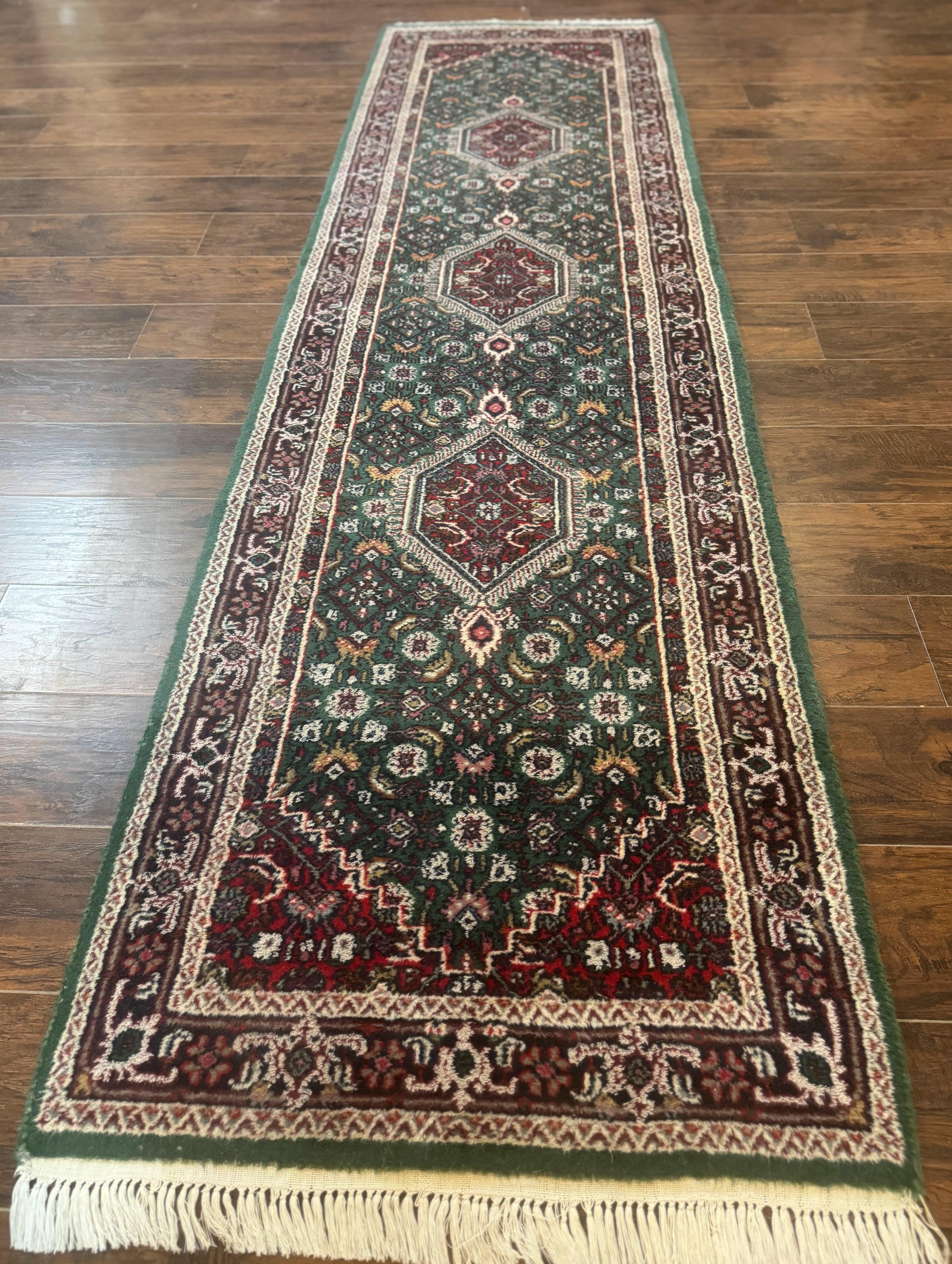 Green Indo Persian Bidjar Runner Rug 3x10, Green and Red - Jewel Rugs