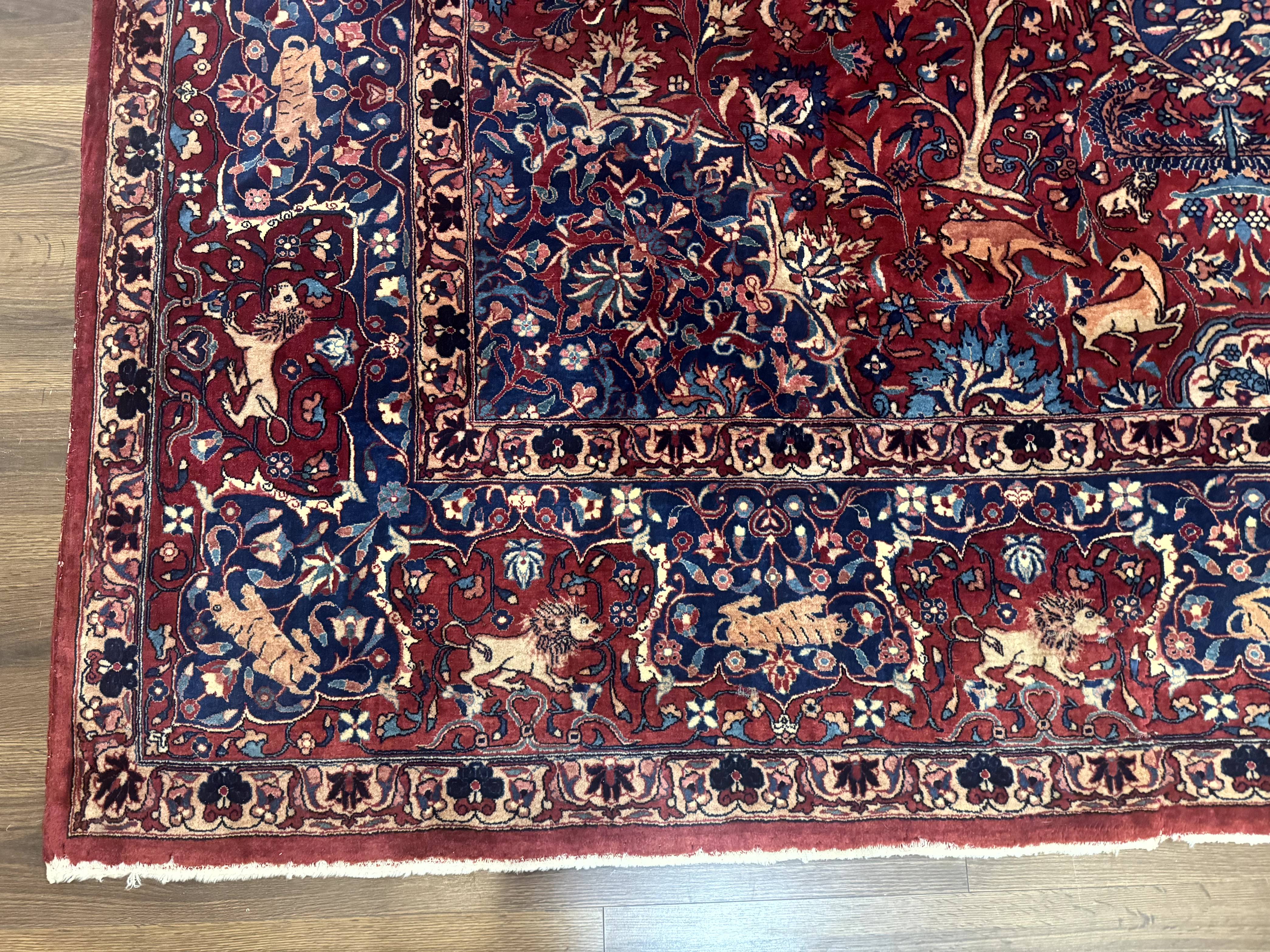 Antique Indo Persian Kerman Rug 9x12 Red Manchester Wool Animal Pictorials, Fine 290 KPSI - Jewel Rugs