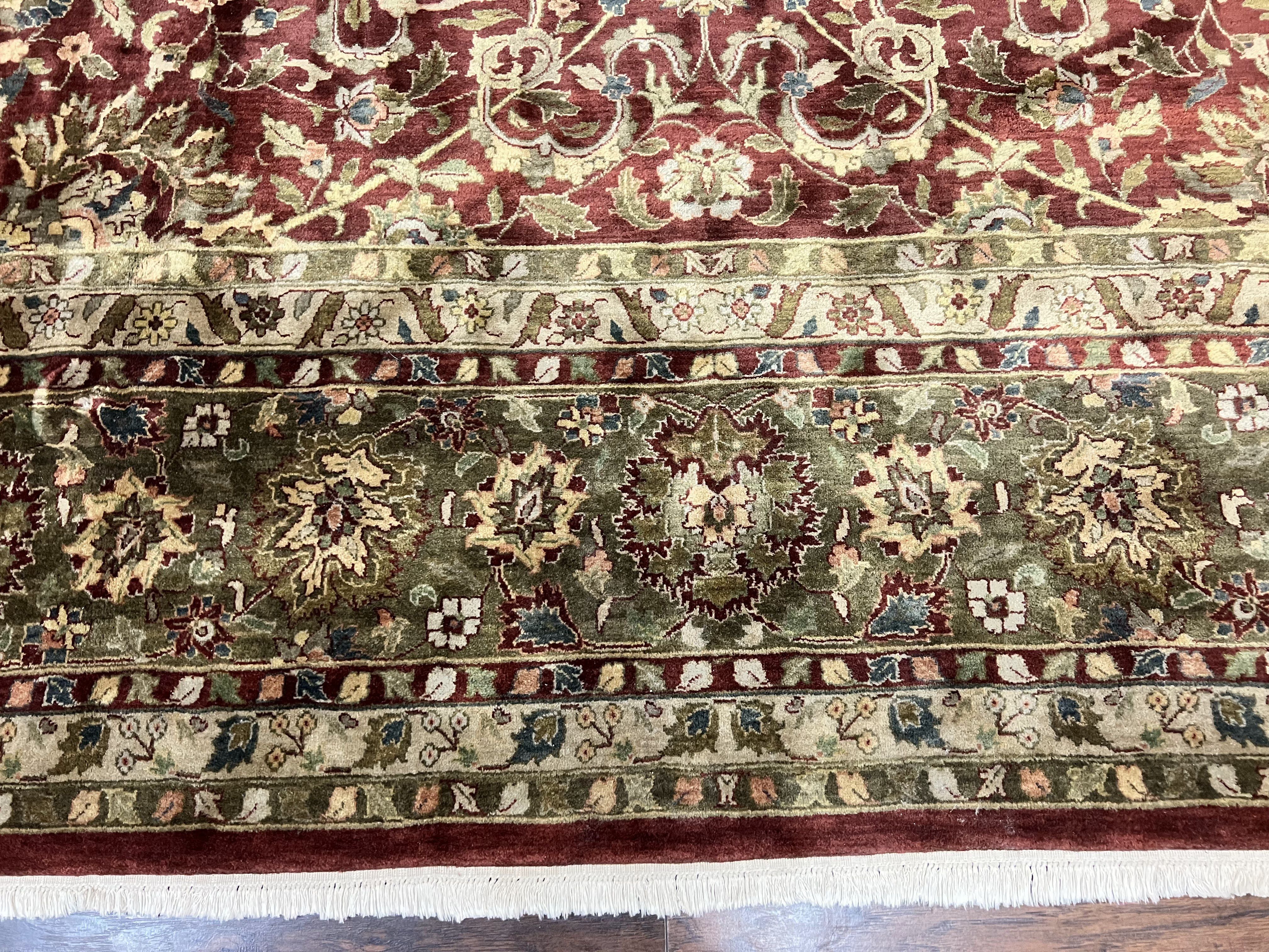 Indian Agra Rug 12x15, Oversized Extra Large Wool Hand Knotted Vintage Oriental Carpet, Burgundy & Olive Green, Floral Allover Rug 12 x 15 - Jewel Rugs