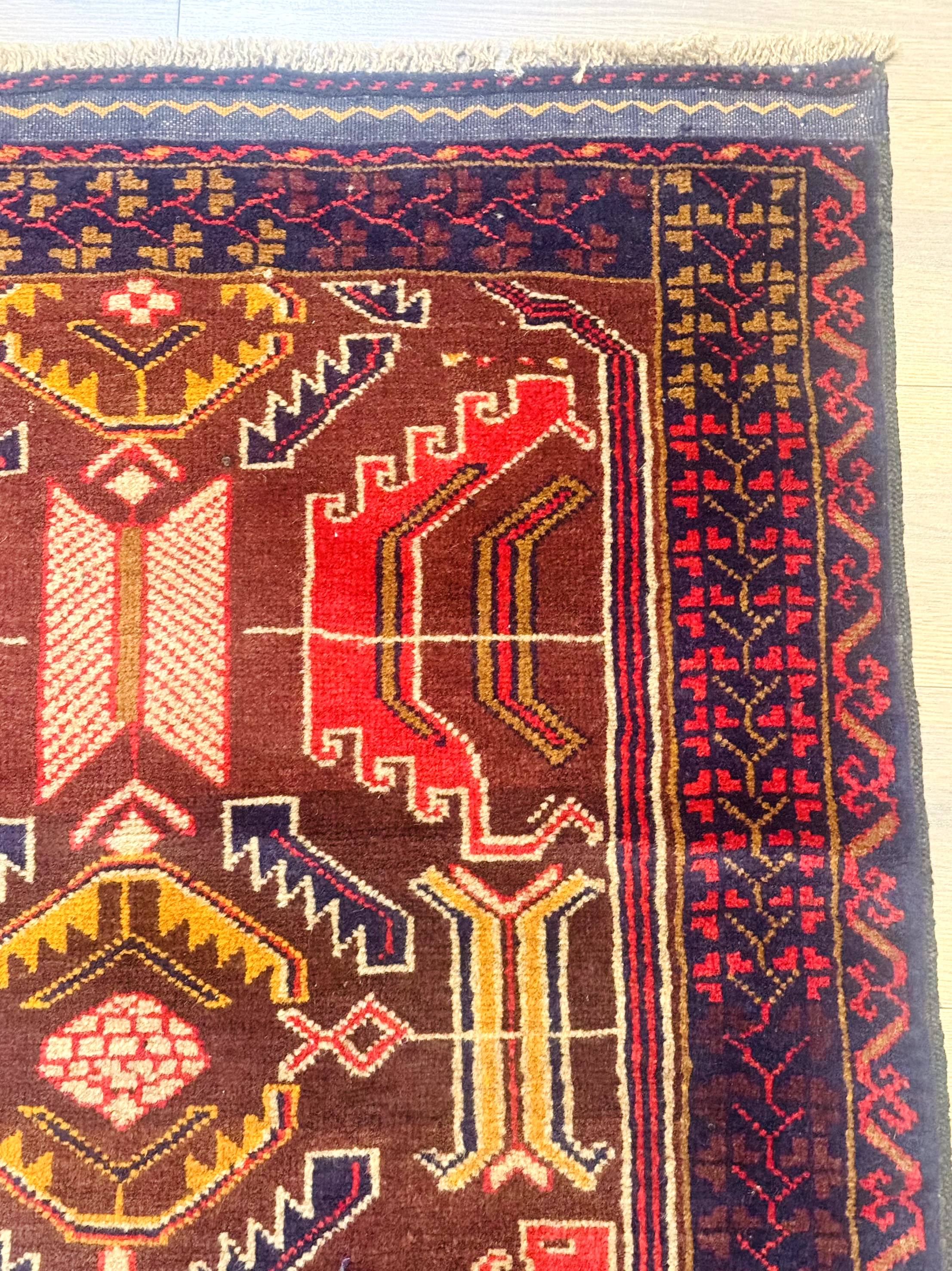 Afghan Rug 3x7, Maroon and Navy Blue, Balouch Carpet, Tribal Rug, New - Jewel Rugs