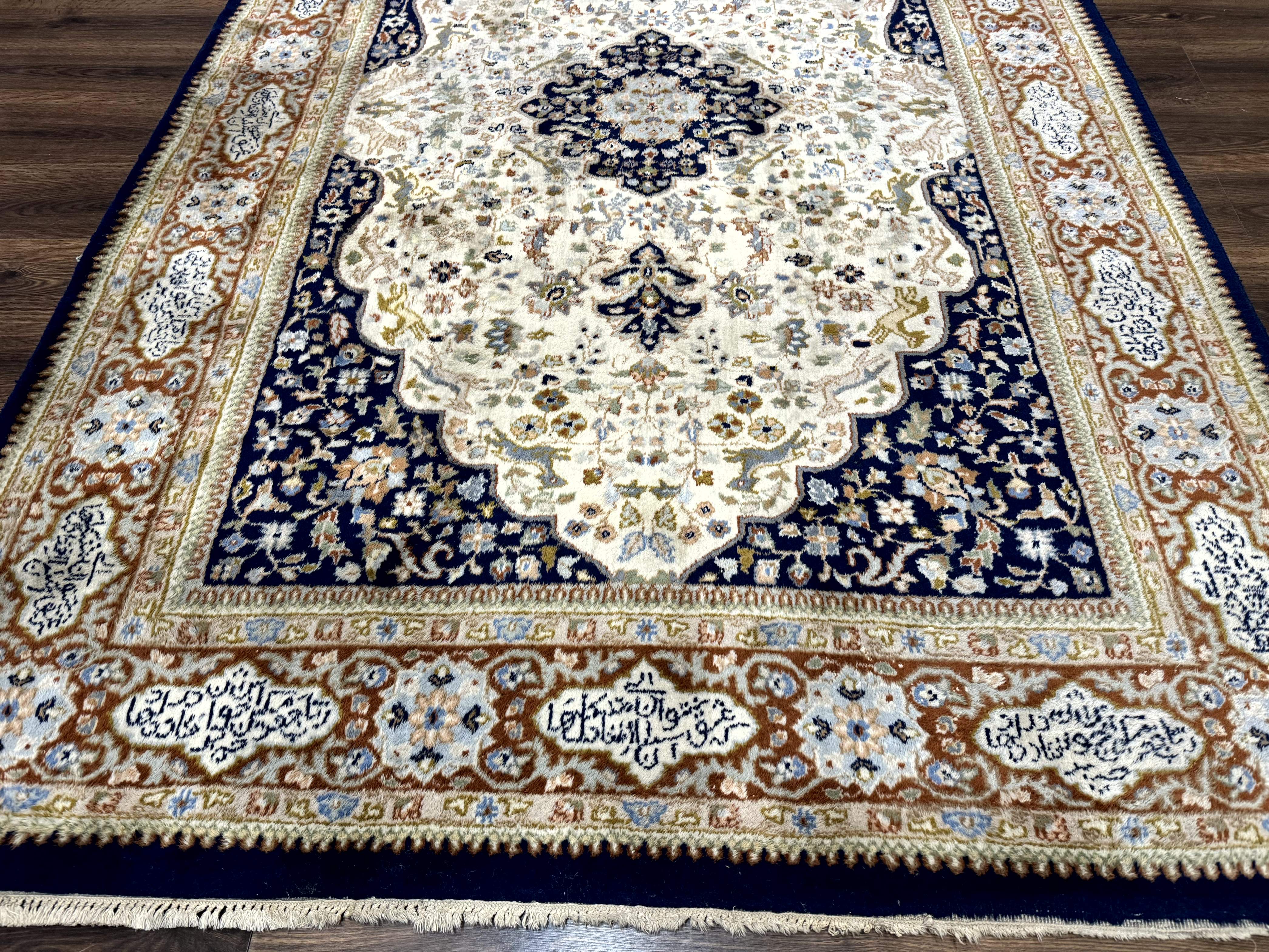 Indo Persian Rug 6x9 – Ivory and Navy, Hunting Design, Wool, Vintage, Poetry in Borders - Jewel Rugs