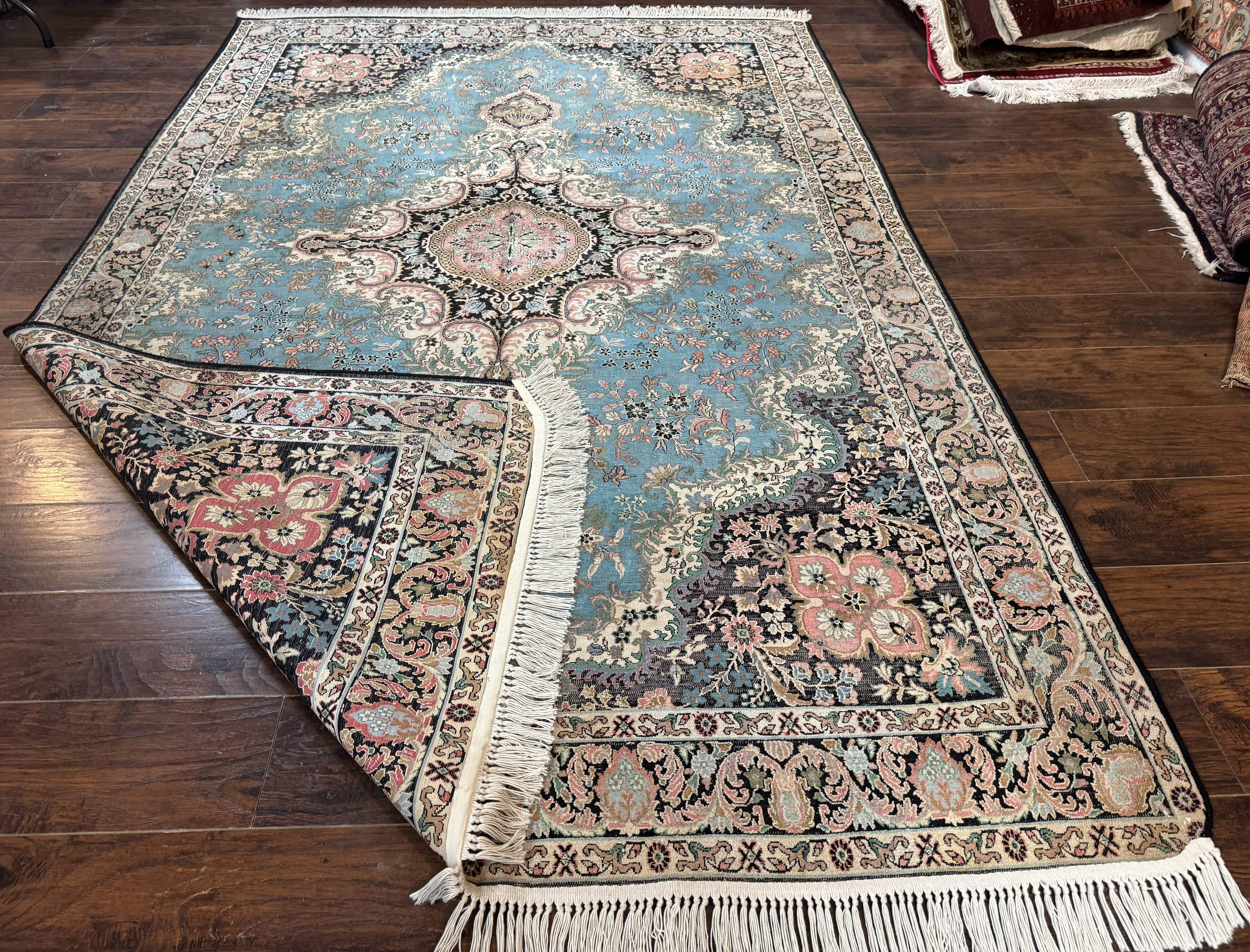 Silk Indian Kashmiri Rug 7x10 – Light Blue, Handmade Vintage Carpet, Low Pile - Jewel Rugs