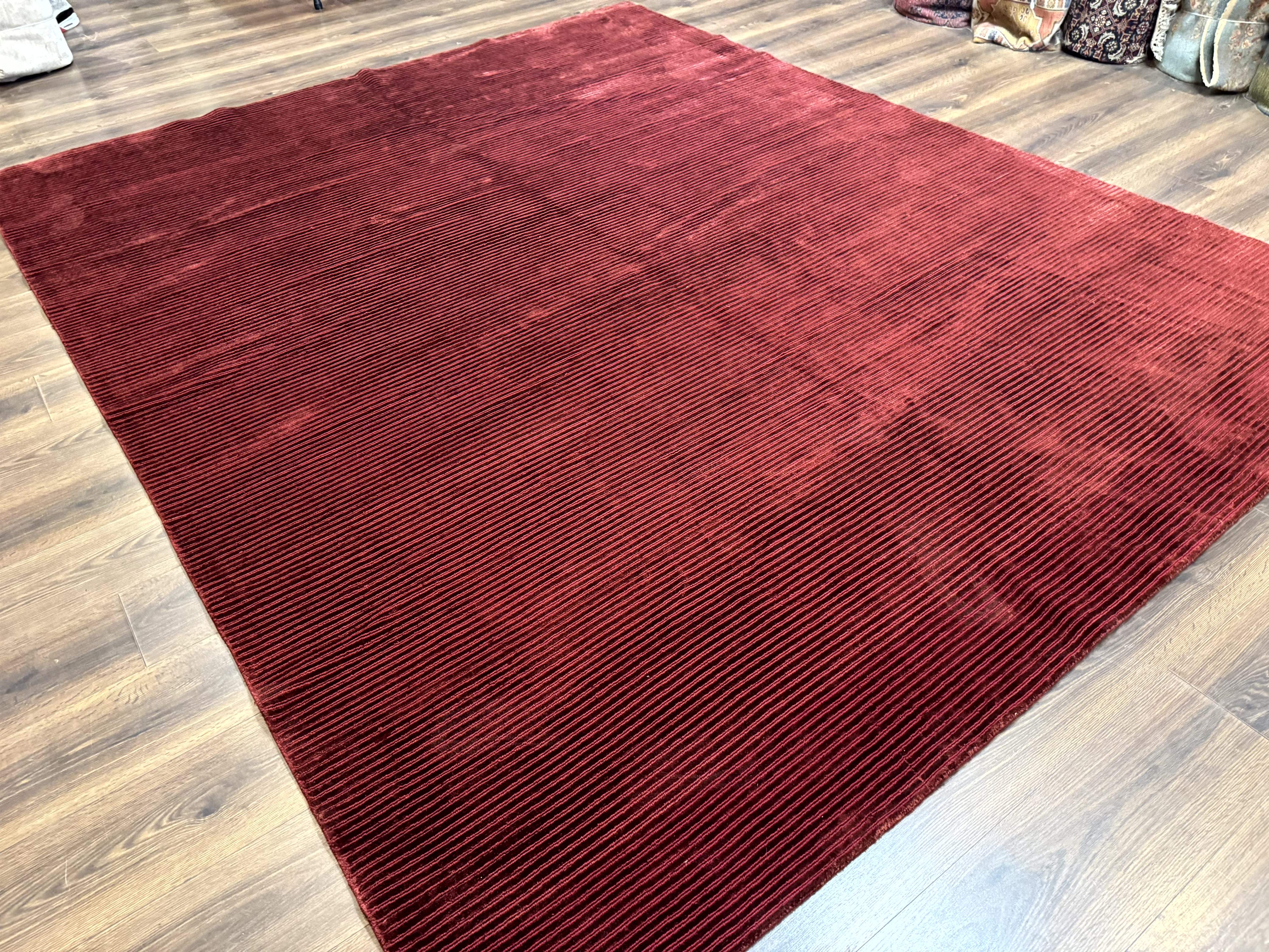 Modern Tibetan Rug 8x10, Red, Stripes, Handmade Wool Thick Pile Carpet - Jewel Rugs