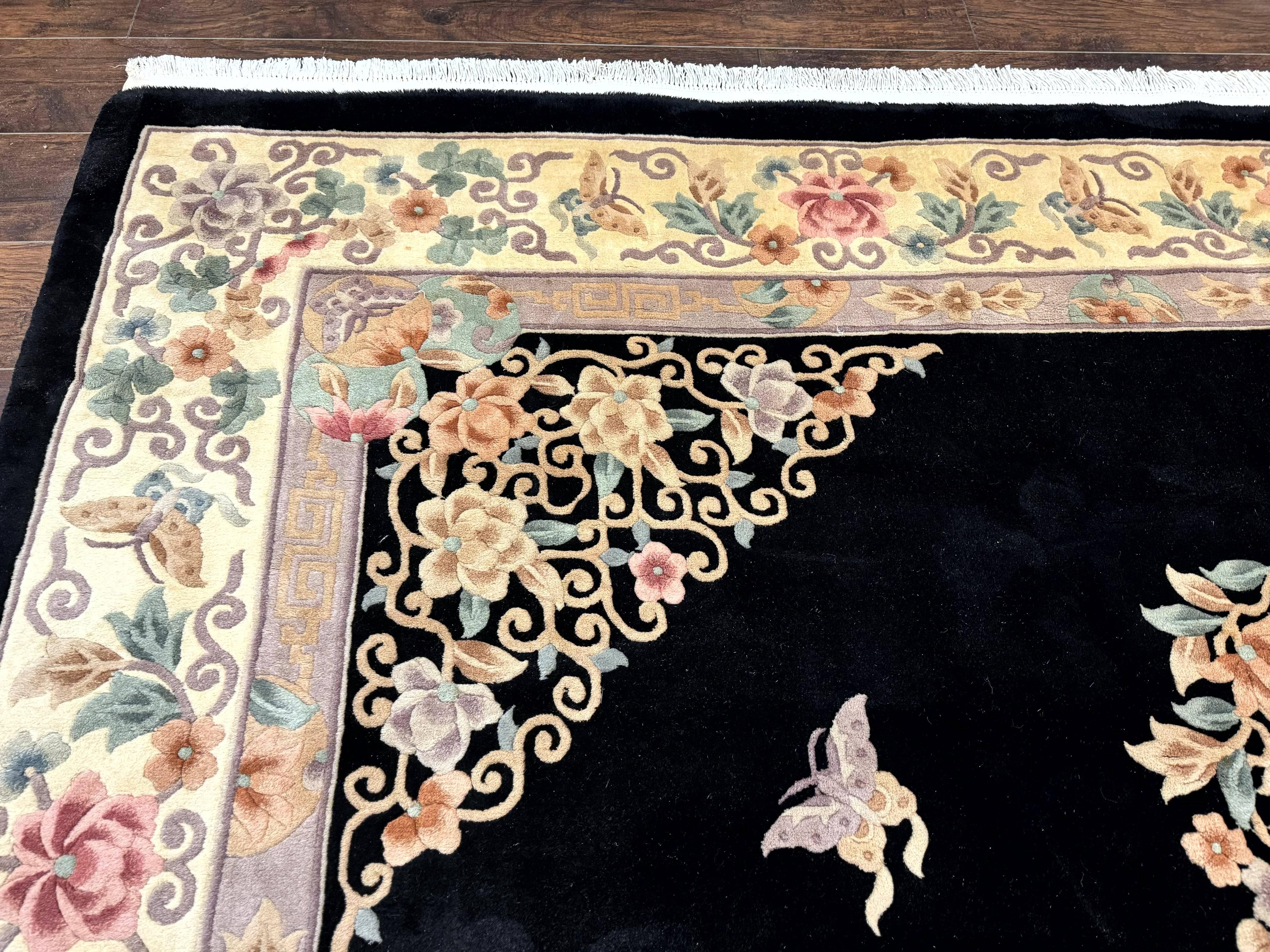 Chinese Wool Rug 9x12, Chinese Carving Carpet, Floral Medallion, Black and Beige, Butterflies, Vintage Asian Oriental Rug, 90 Line Rug - Jewel Rugs