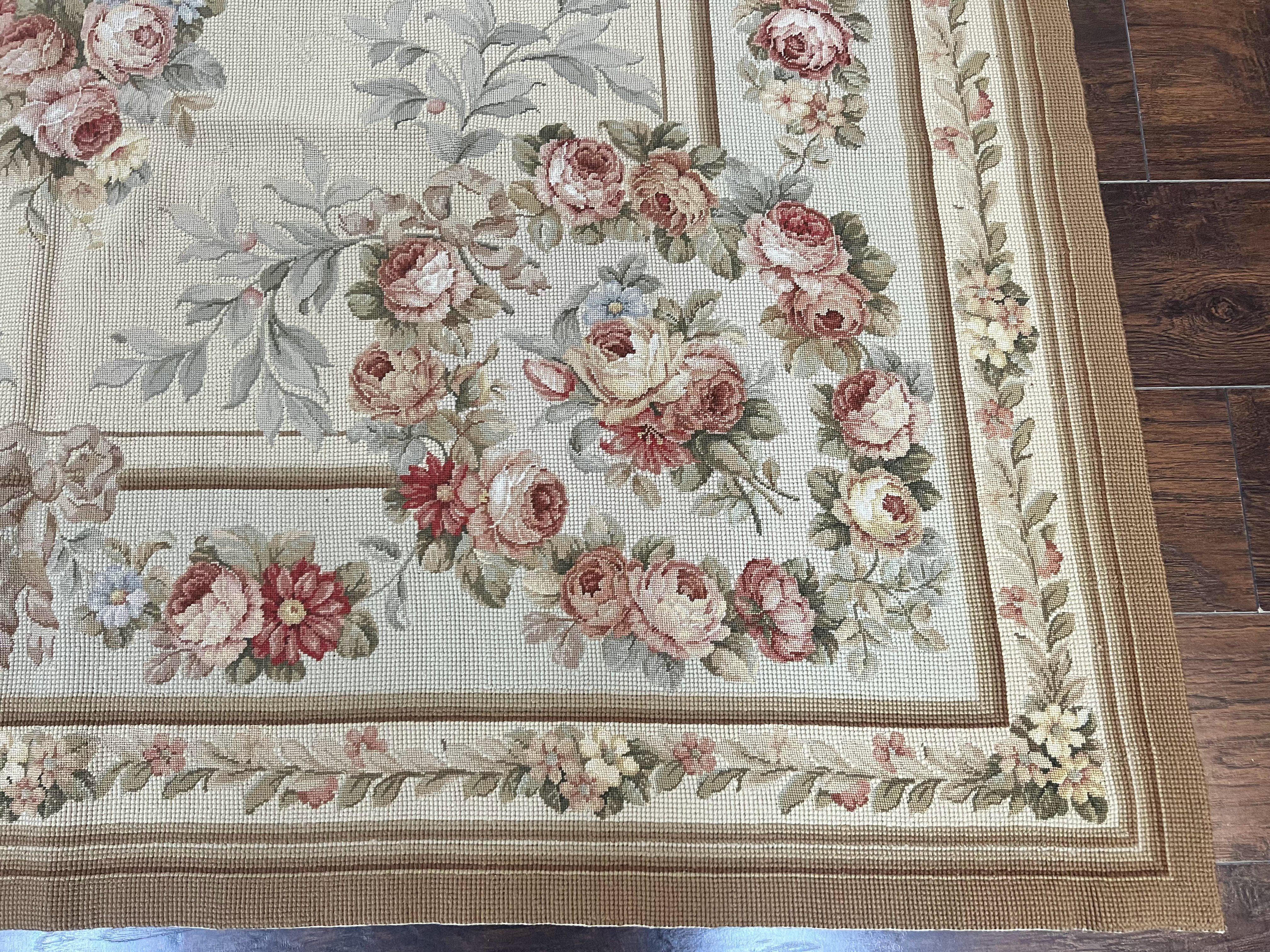 Needlepoint Rug, Aubusson Design, Petit Point Carpet, Floral, Cream, French European Design, Flatweave, Wool, Vintage - Jewel Rugs