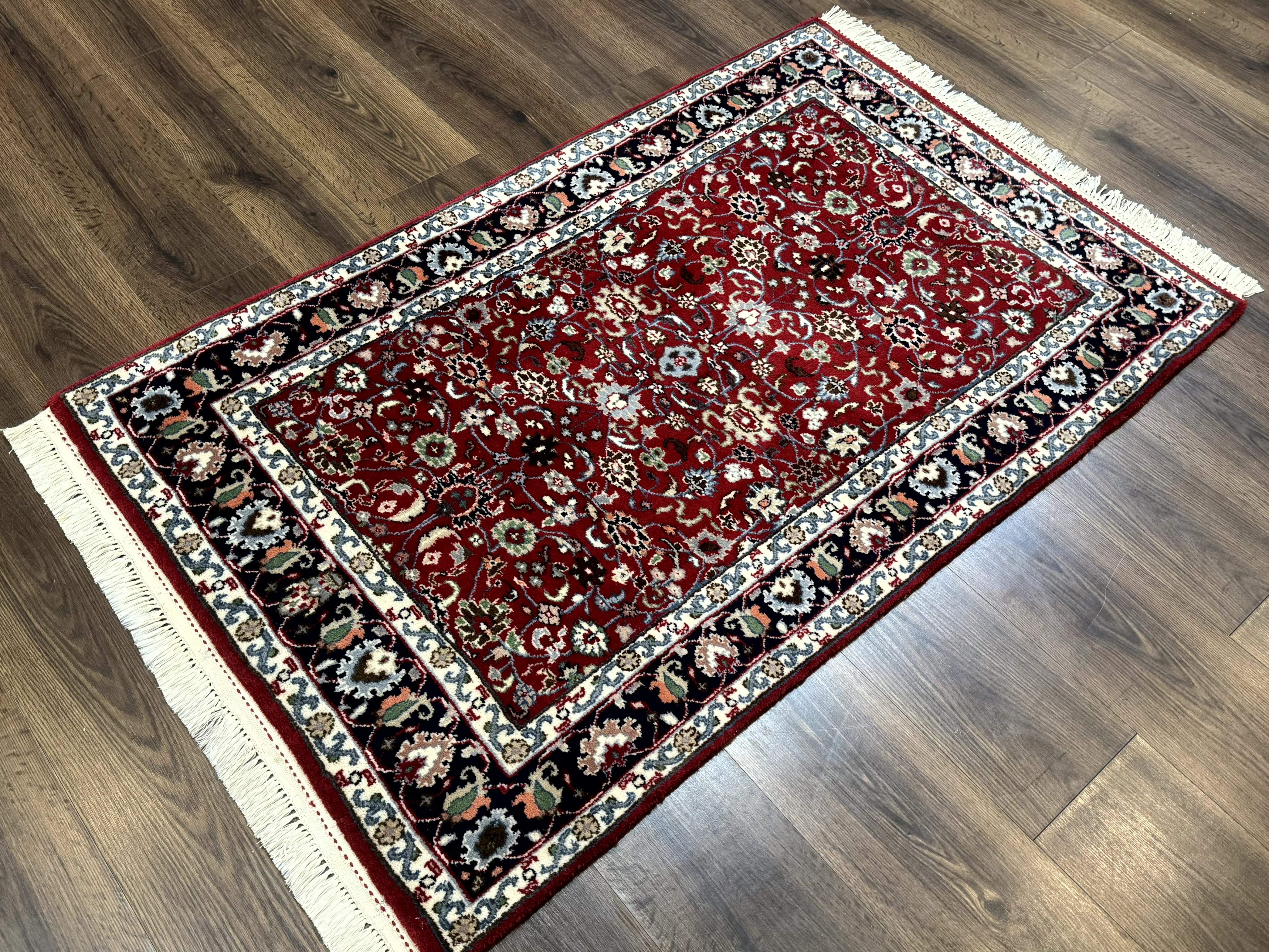 Indo Persian Sarouk Rug 3x5, Red and Dark Blue, Floral, Vintage, Wool - Jewel Rugs