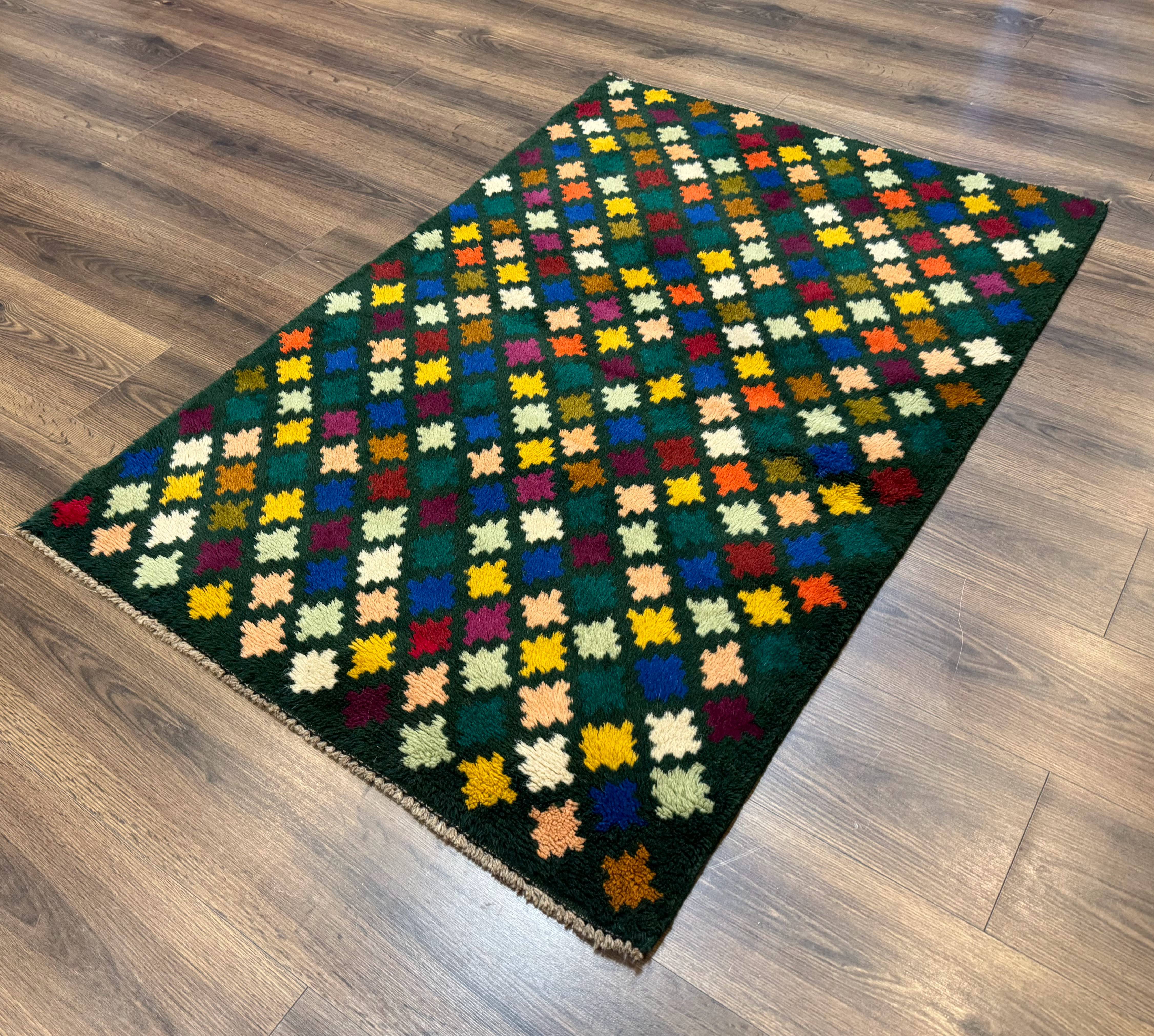 Afghan Balouch Rug 3x5, Dark Green and Multicolor, Wool, Handmade - Jewel Rugs