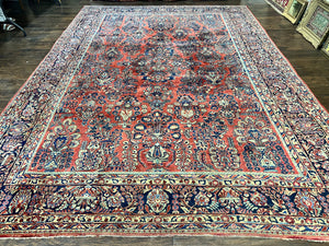 Antique Persian Sarouk Rug 10 x 14.6, Floral Allover, Red Navy Blue, Large Wool Hand Knotted Carpet