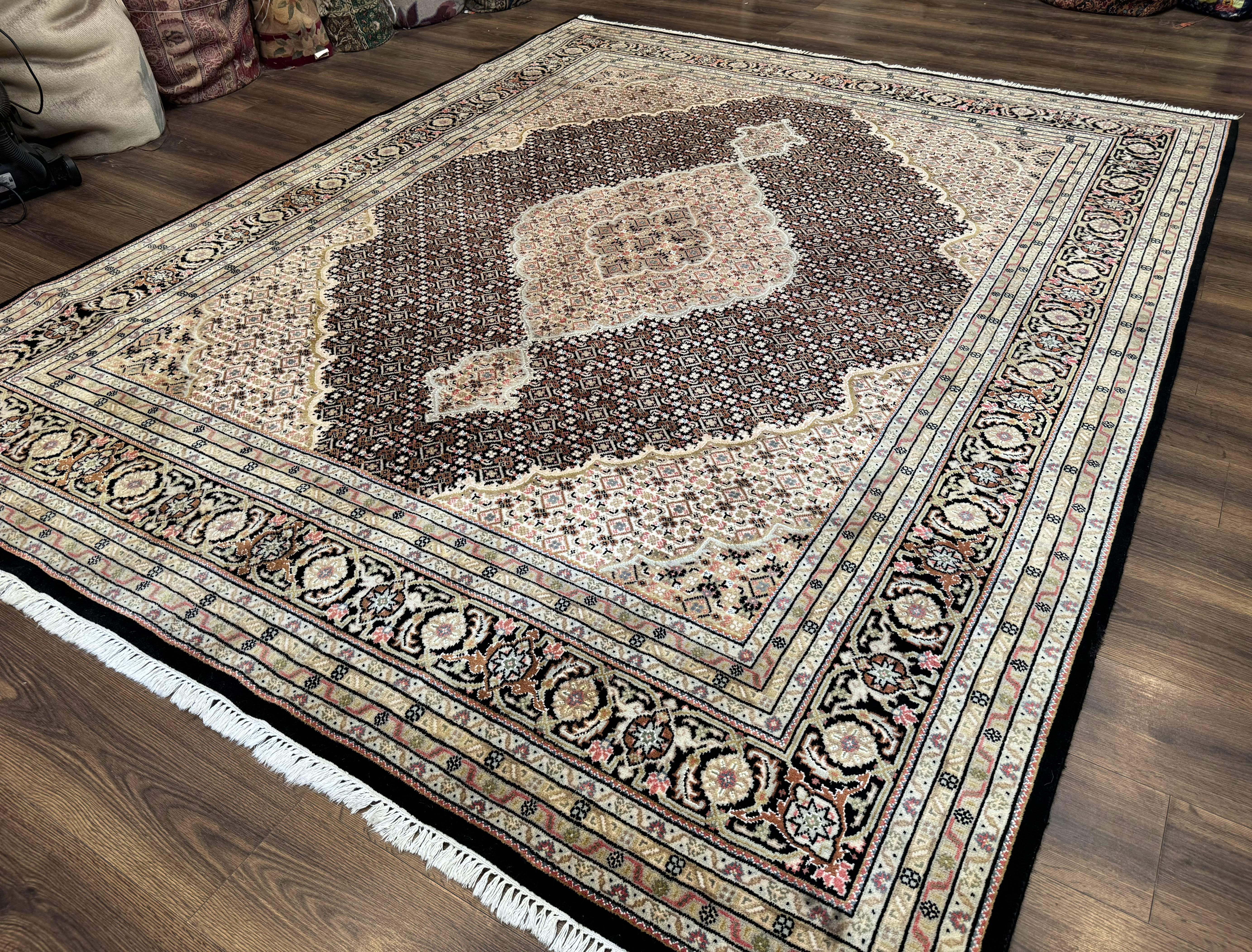 Indo Persian Rug 8x10, Herati Mahi Pattern, Black and Beige Oriental Carpet - Jewel Rugs