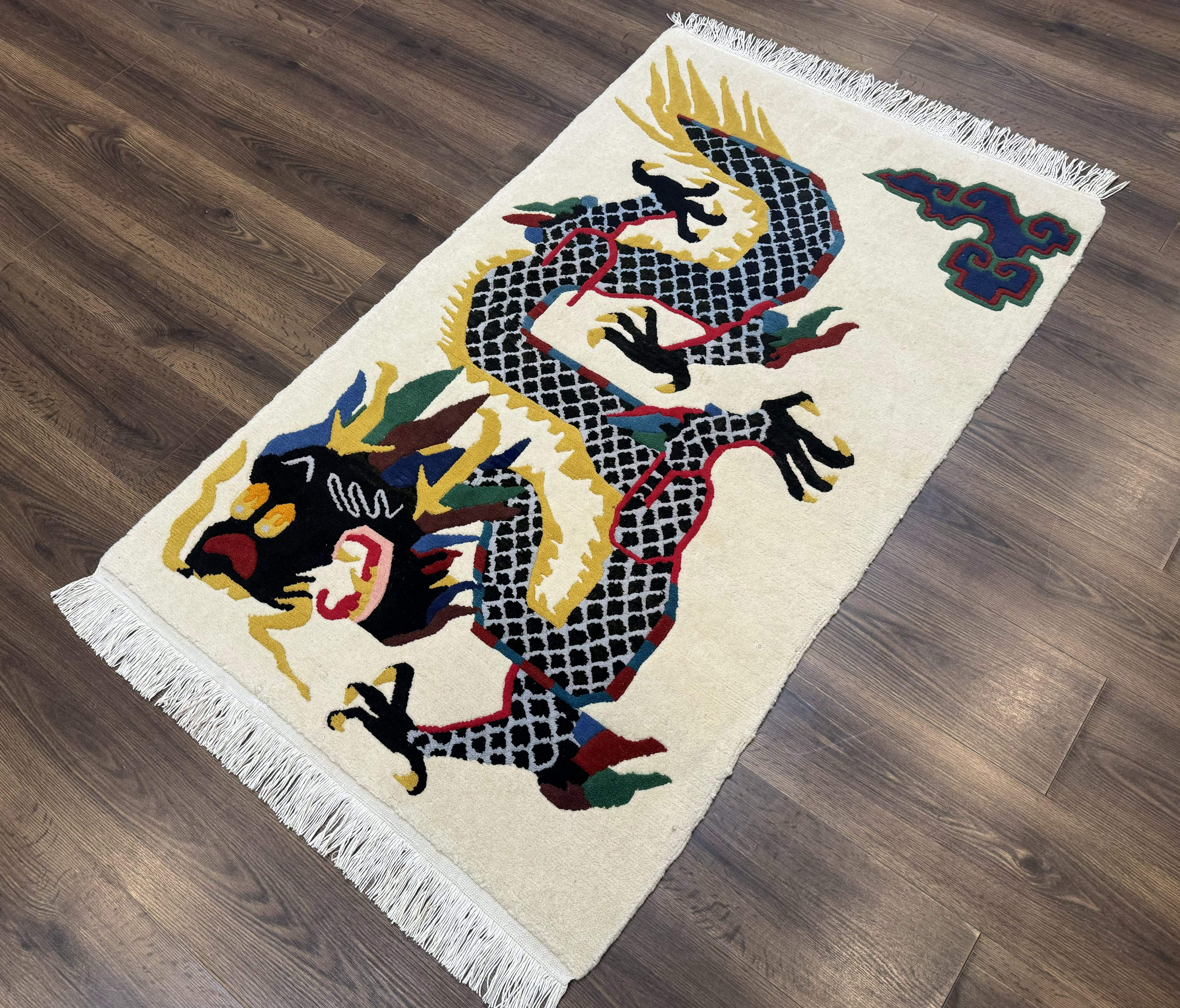 Chinese Dragon Rug 3x5 – Ivory, Hand-Knotted Wool, Vintage Carpet - Jewel Rugs