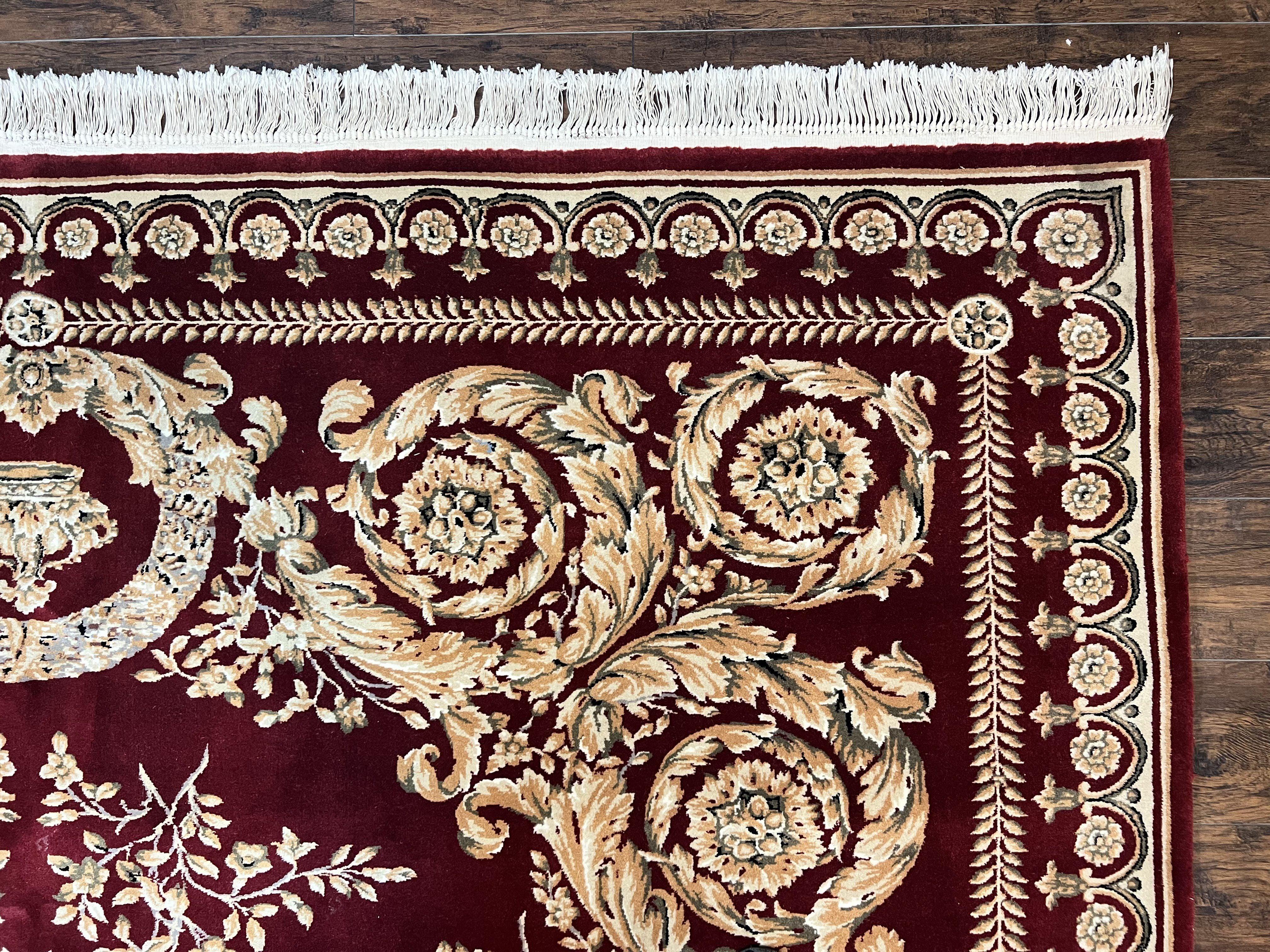 Aubusson Rug 9x12, Wool Handmade Carpet, Elegant French European Design, Dark Maroon Red, 9 x 12 Room Sized Rug, Finely Hand Knotted - Jewel Rugs
