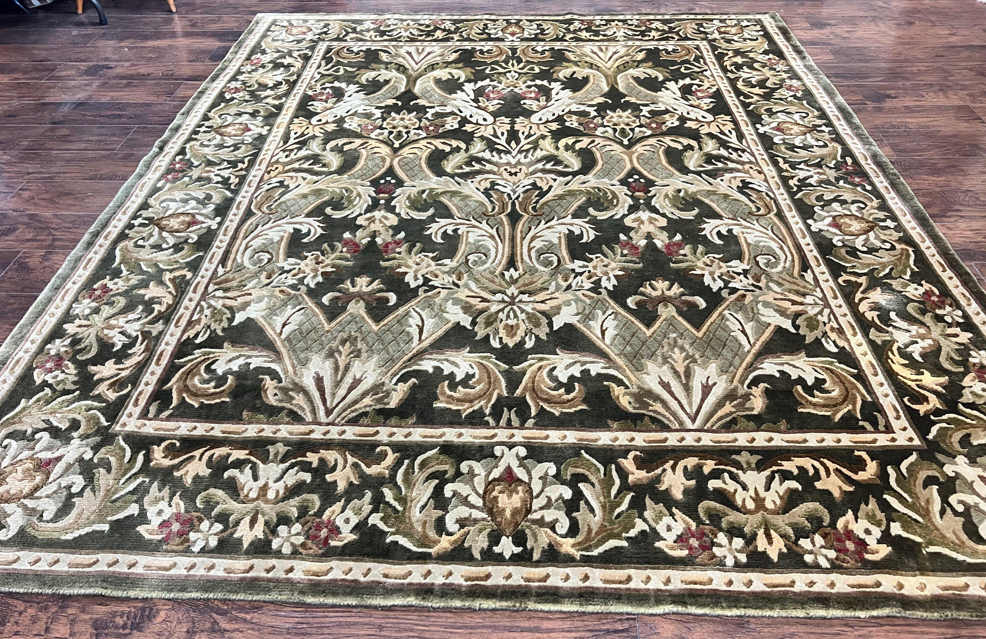 Tibetan Rug 8x10, European Design, Floral, Green, Handmade, Wool, Nepali Rug - Jewel Rugs