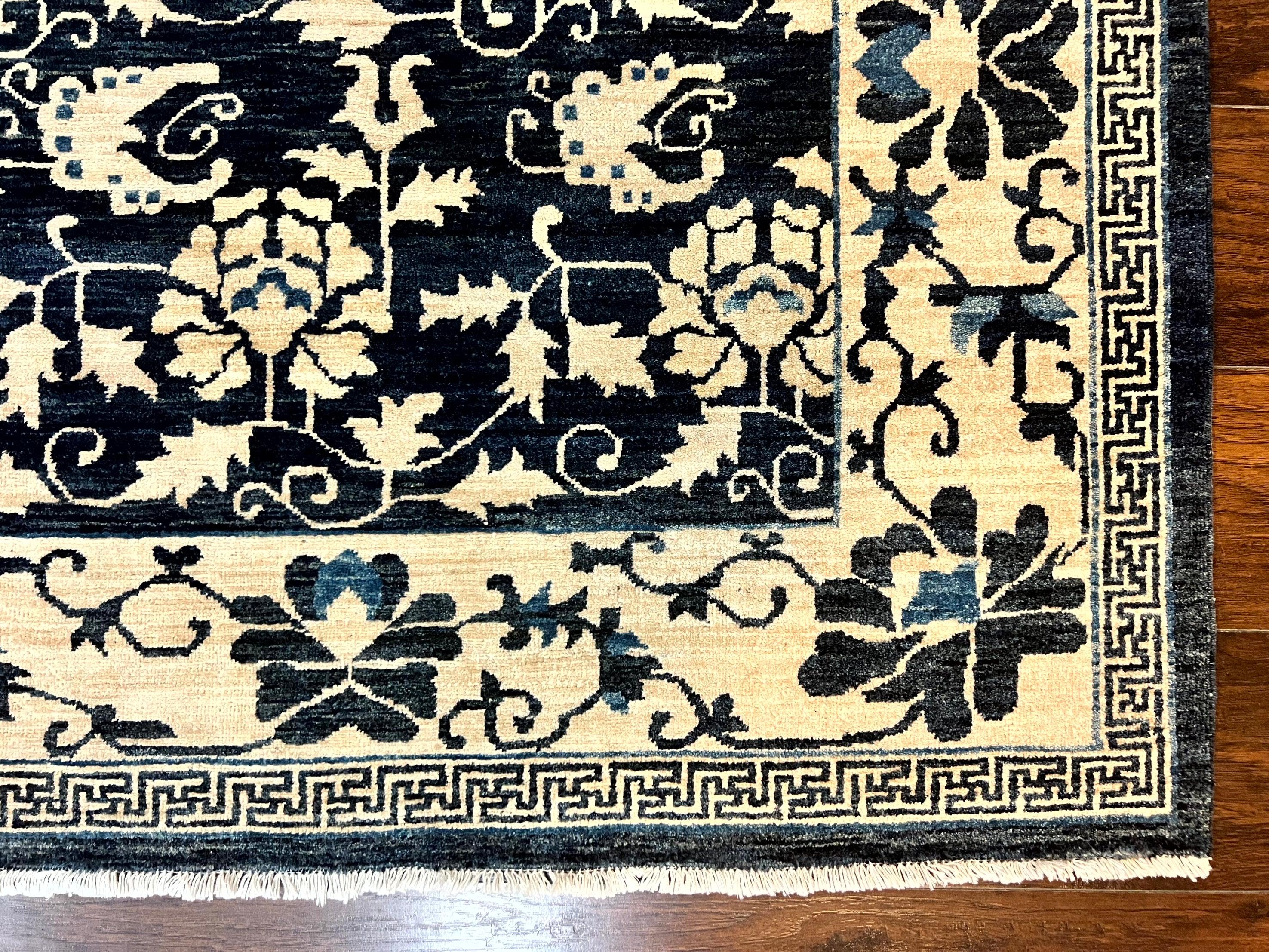 Sino Persian Rug 6x9, Hand Knotted Wool Carpet, Floral Allover, Blue Cream-Tan - Jewel Rugs