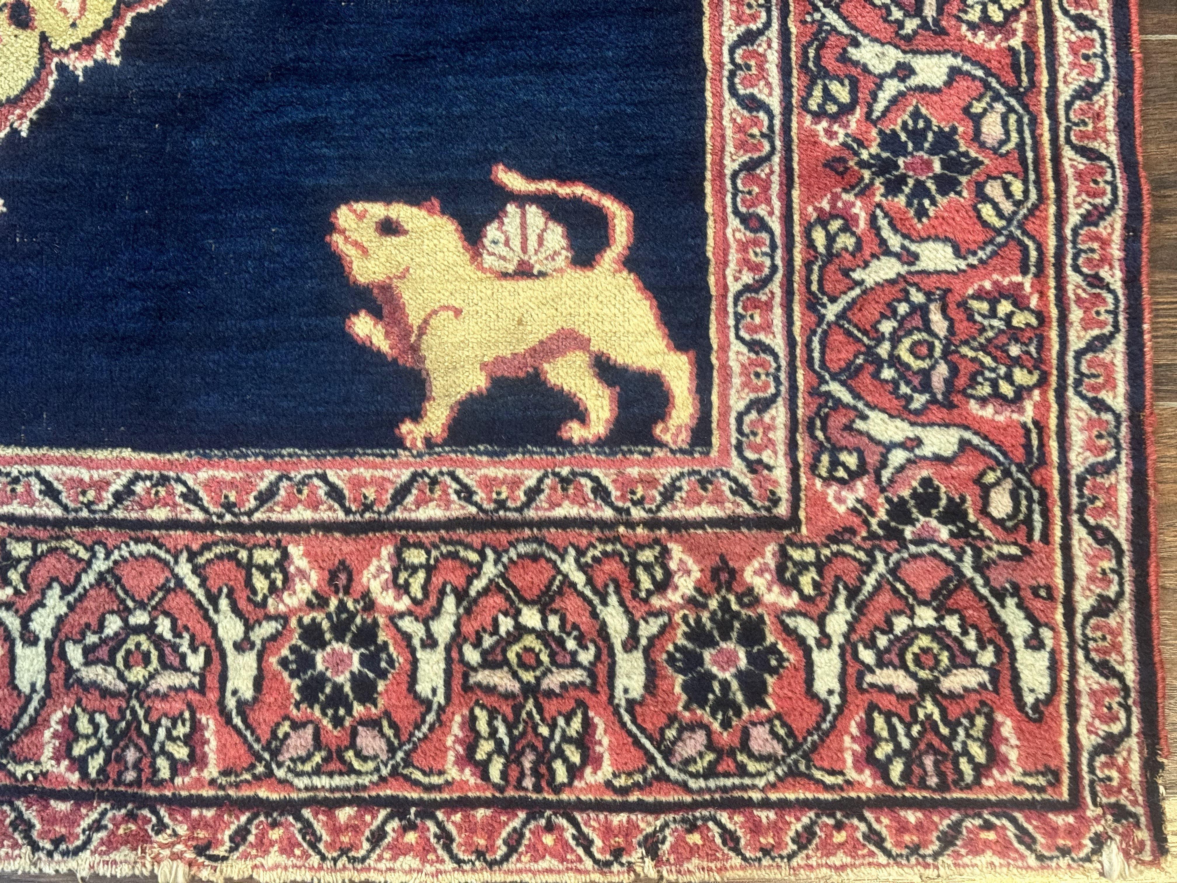 Antique Persian Mashad Rug 4x6, Semi Open Field, Navy Blue, Lion Pictorials, Triple Medallion, Dorokhsh Rug - Jewel Rugs